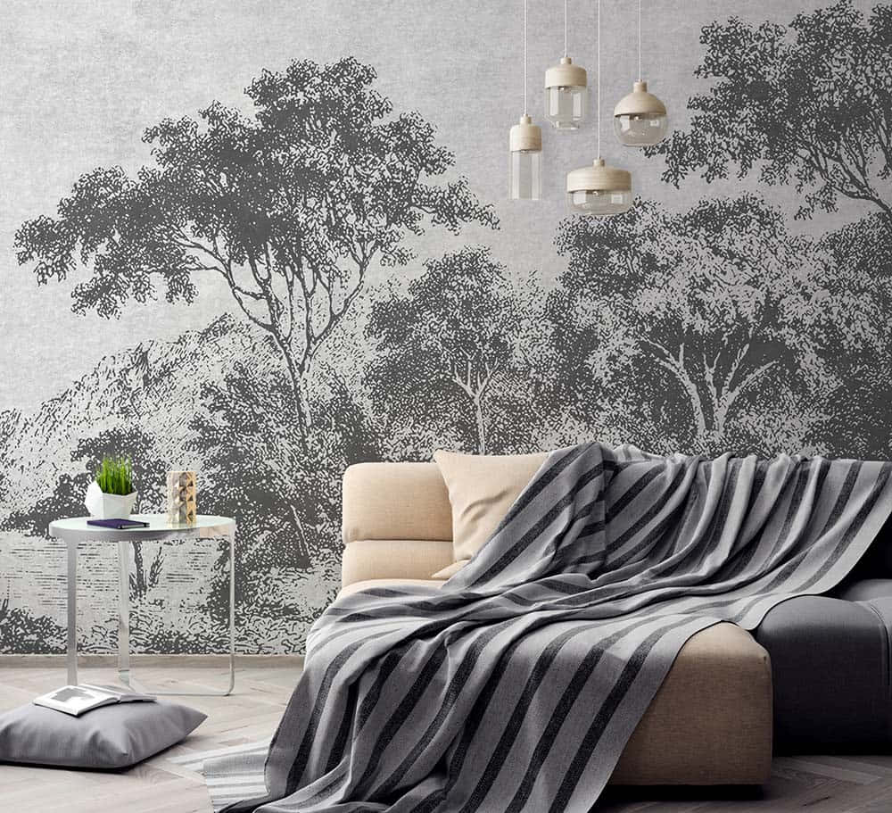 elegant tree mural, gray textured wallpaper, black tree silhouettes, SD Desktop Wallpaper