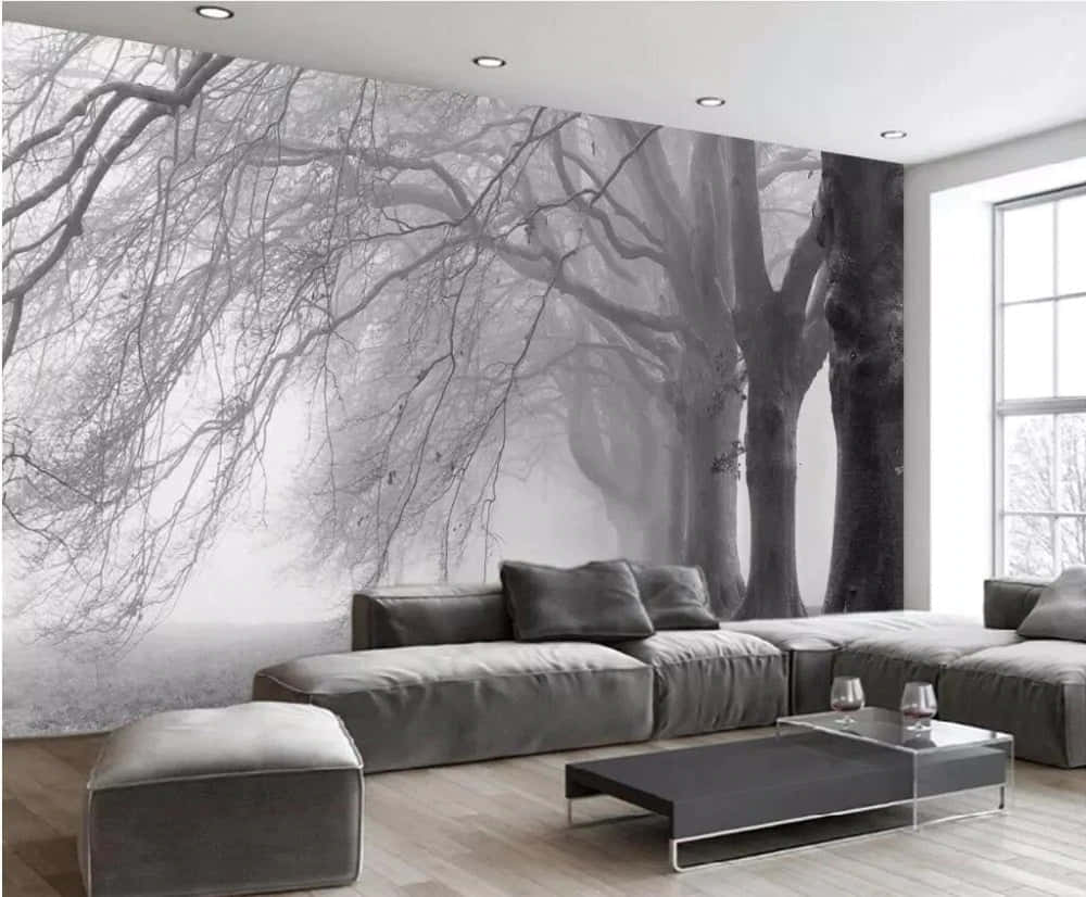 monochrome forest mural, bare trees, mist, SD Desktop Wallpaper