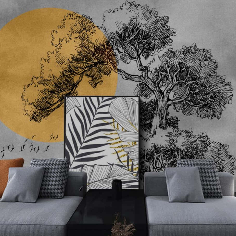golden sun, black ink trees, birds in flight, SD Desktop Wallpaper