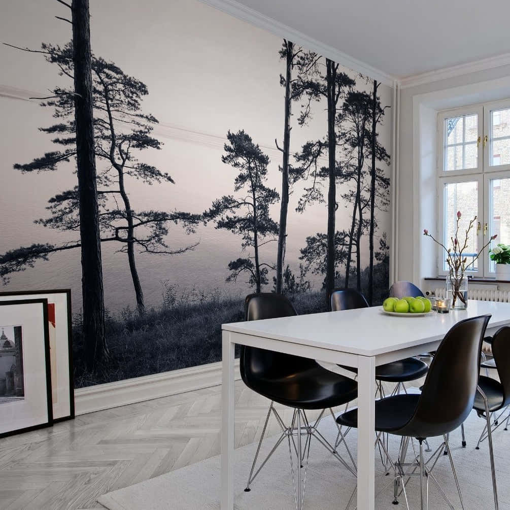 Forest Silhouette Wall Mural, dining room, black and white forest wallpaper, SD Desktop Wallpaper