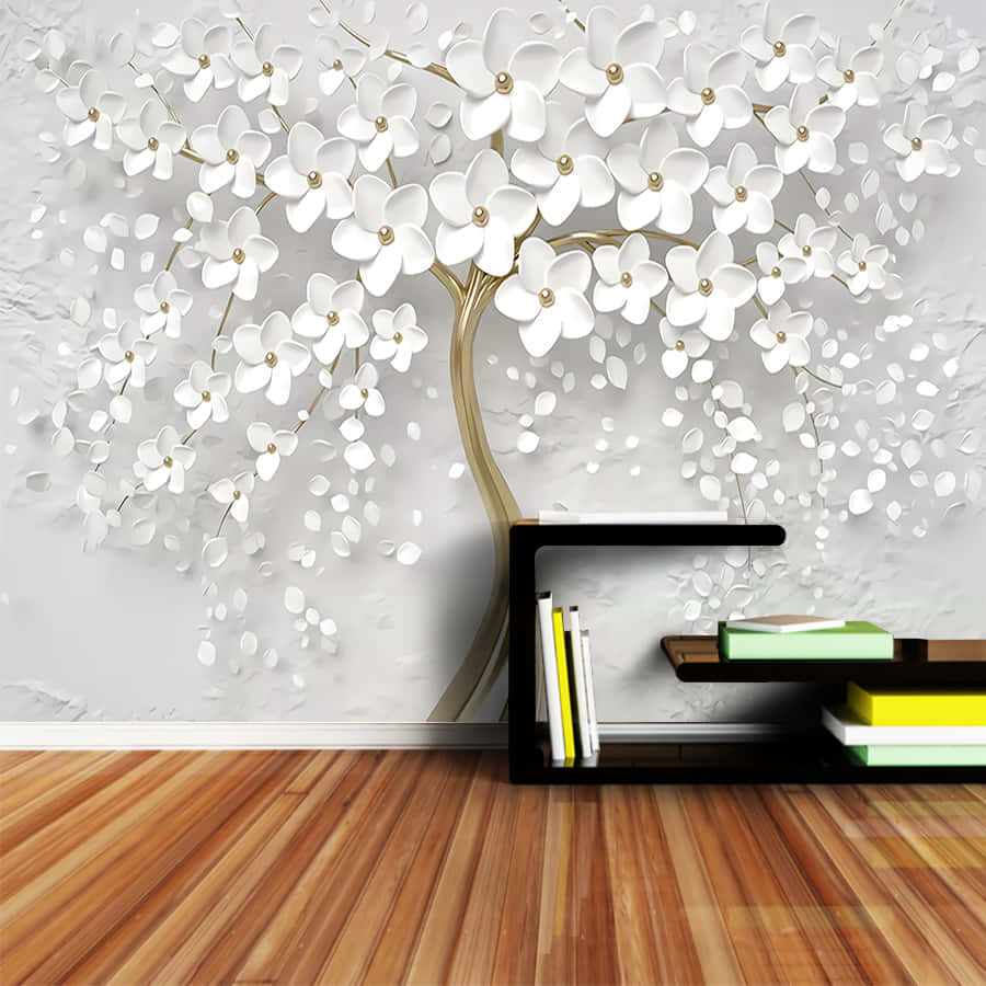 3D tree mural, white floral tree, gold accents, SD Desktop Wallpaper