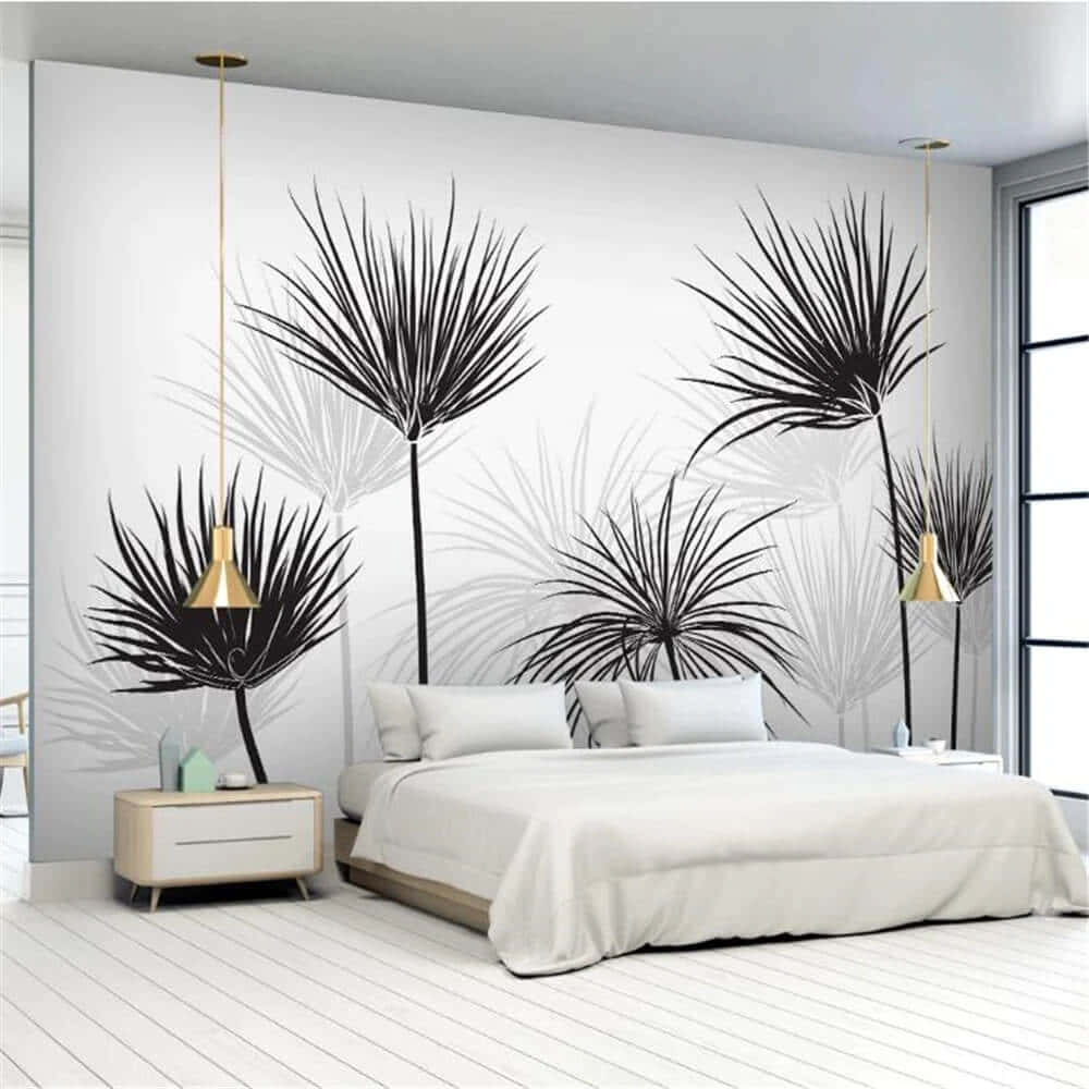 modern bedroom, tree mural, white wall, SD Desktop Wallpaper