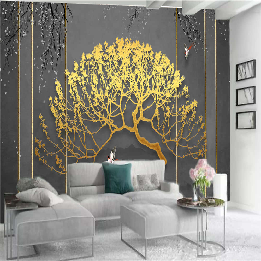 golden tree mural, gray wall mural, black branches, SD Desktop Wallpaper