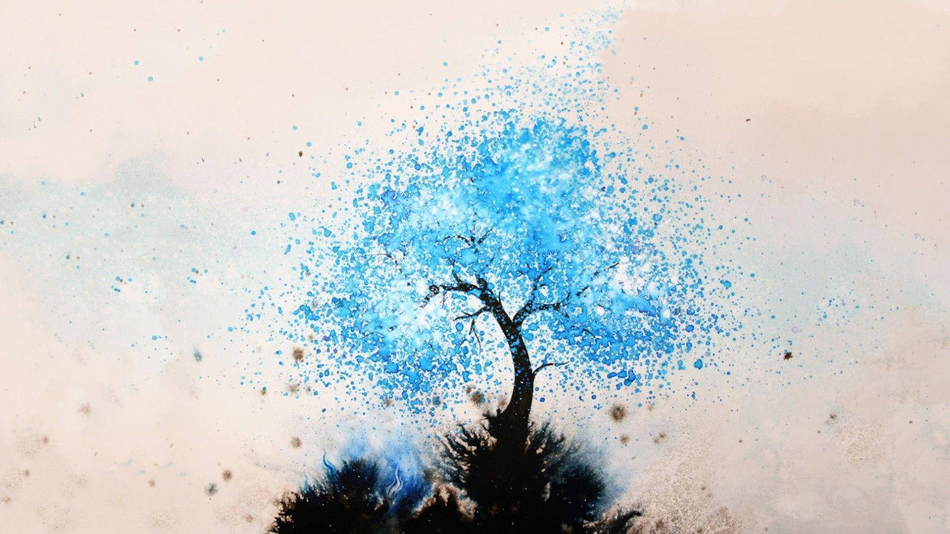 blue tree paint art, lone tree silhouette, vibrant blue paint splatters, Full HD Desktop Wallpaper