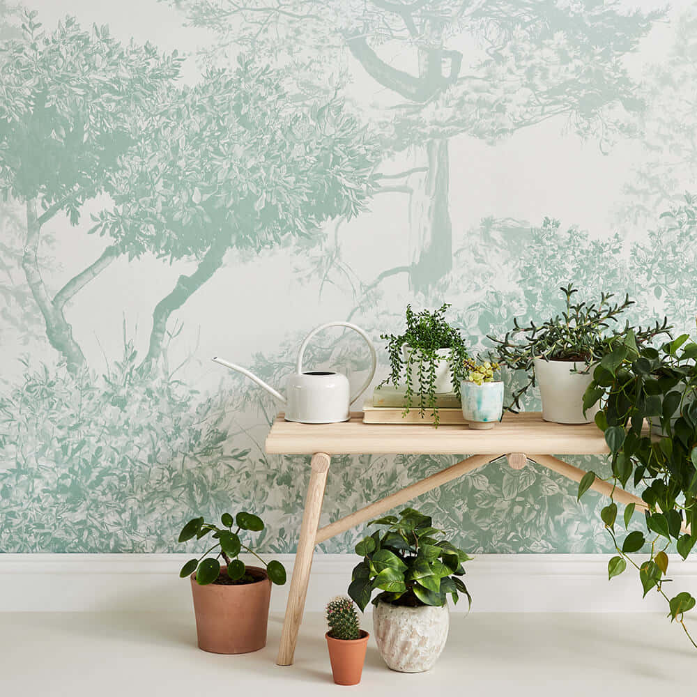 Tranquil Tree Mural Interior, mint green botanical wallpaper, stylized trees, SD Desktop Wallpaper