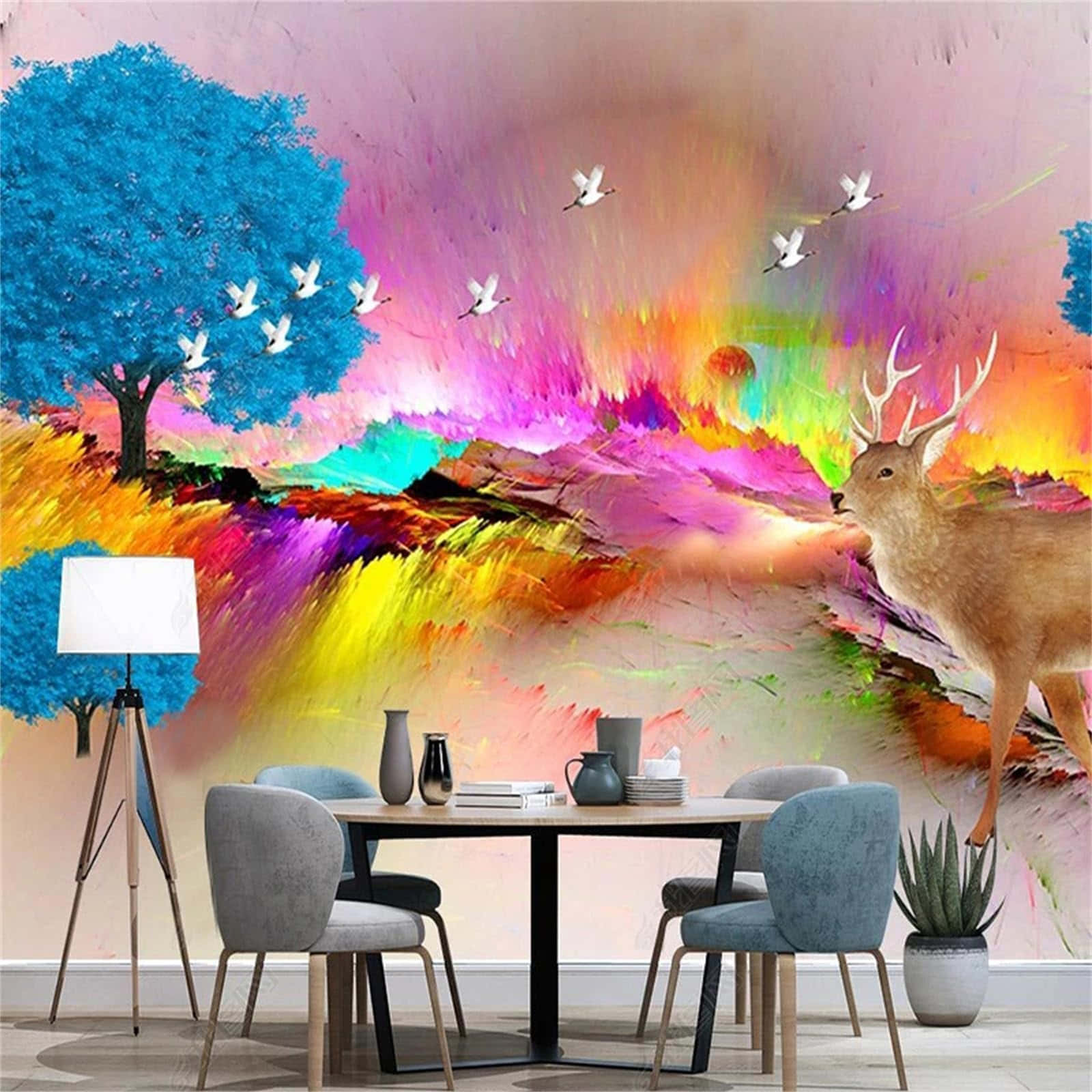 vibrant abstract mural, blue tree, white birds, HD Desktop Wallpaper