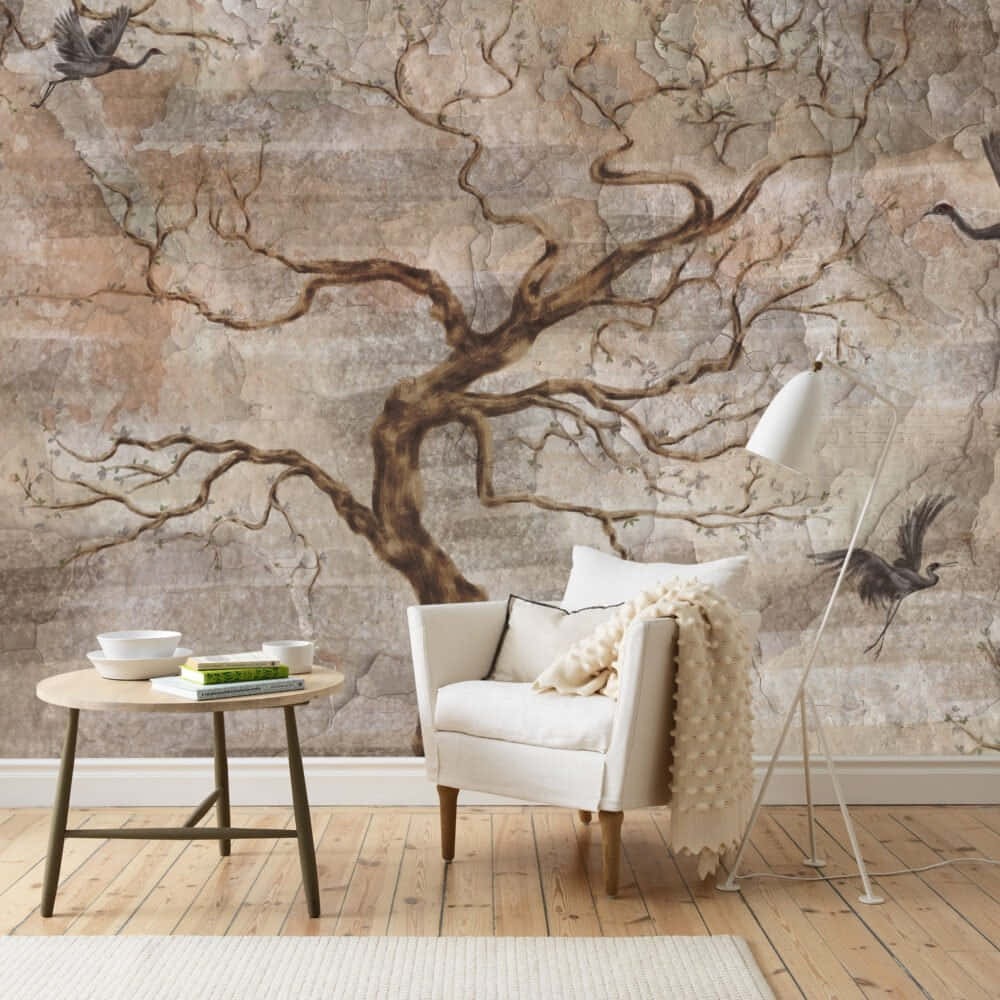 elegant tree mural, white armchair, wooden side table, SD Desktop Wallpaper
