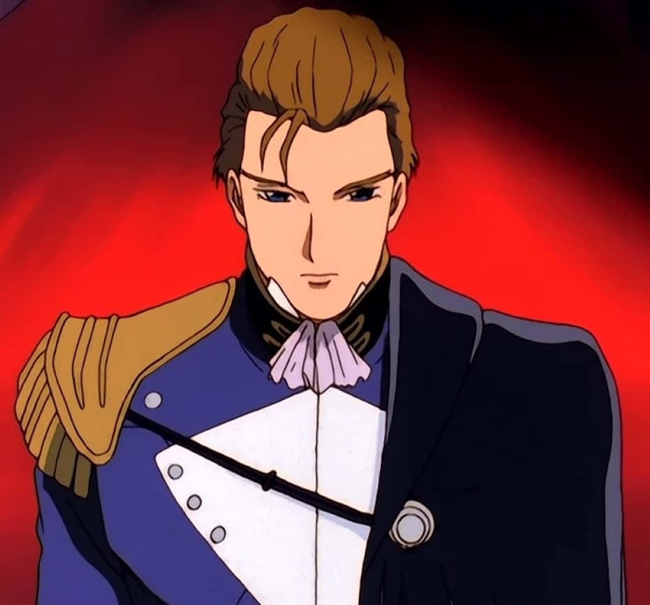 Treize Khushrenada, blue and gold uniform, glowing red background, SD Desktop Wallpaper