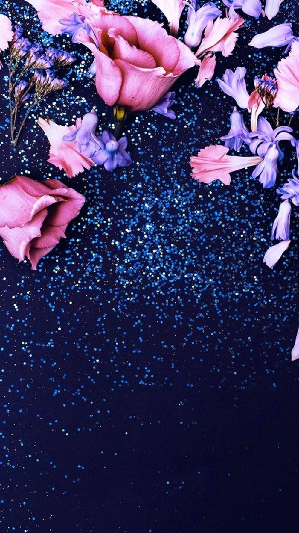 pink and purple glitter flowers, dark blue glitter background, glamorous, HD Phone Wallpaper