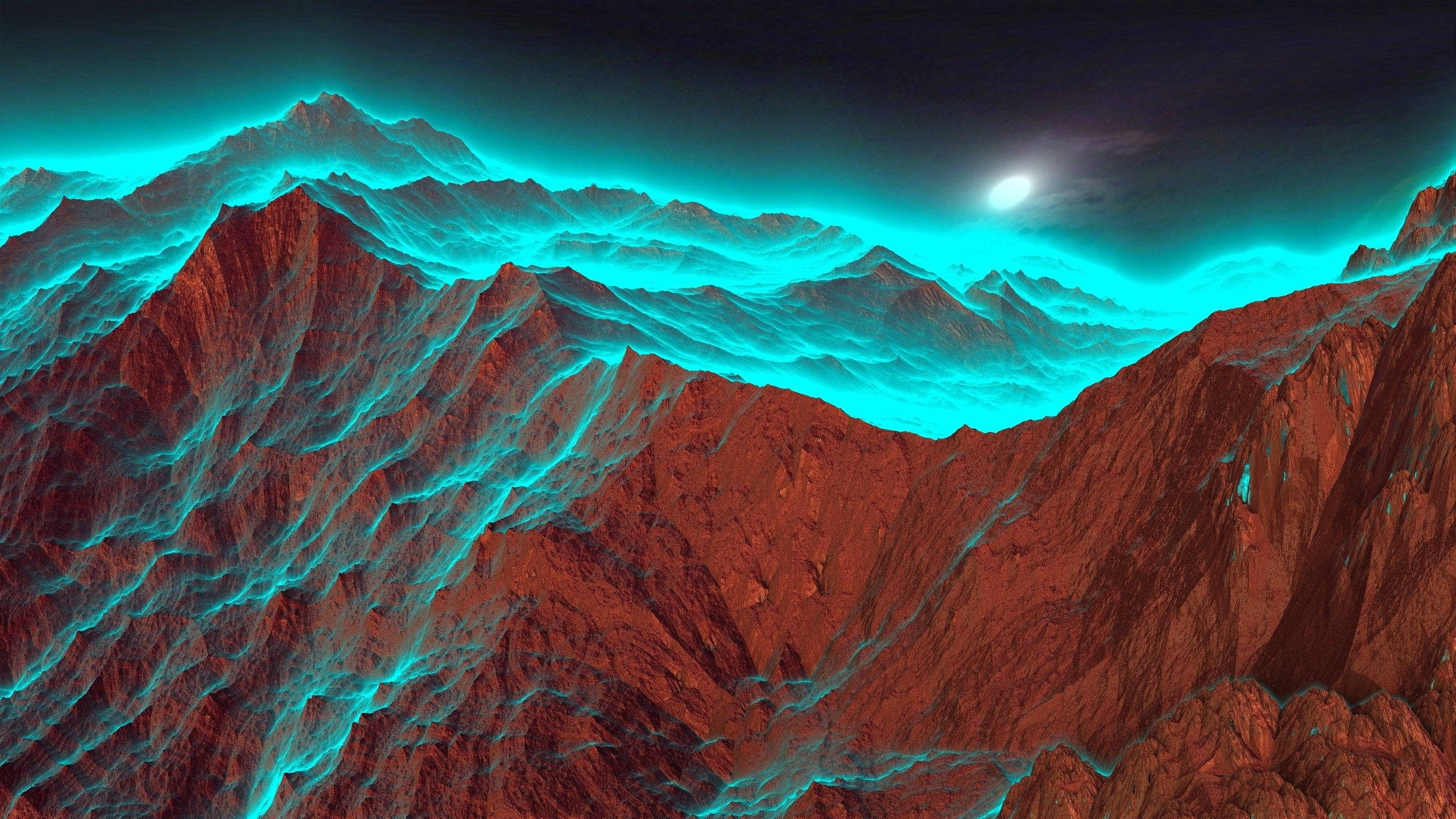 teal fog, glowing cyan energy lines, red rock, 2K Desktop Wallpaper