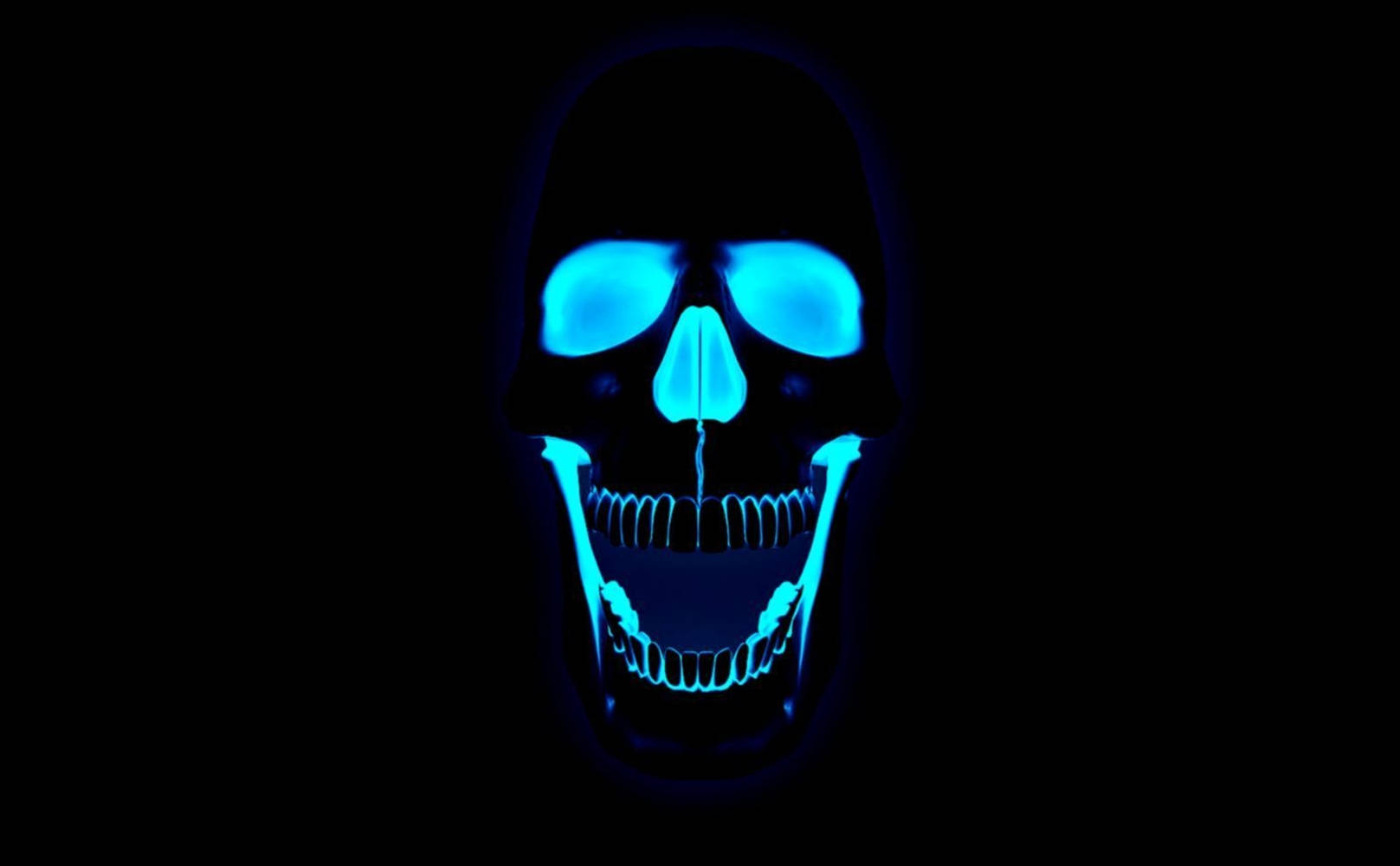 neon blue skull face, glowing blue neon skull, pitch black background, HD Desktop Wallpaper