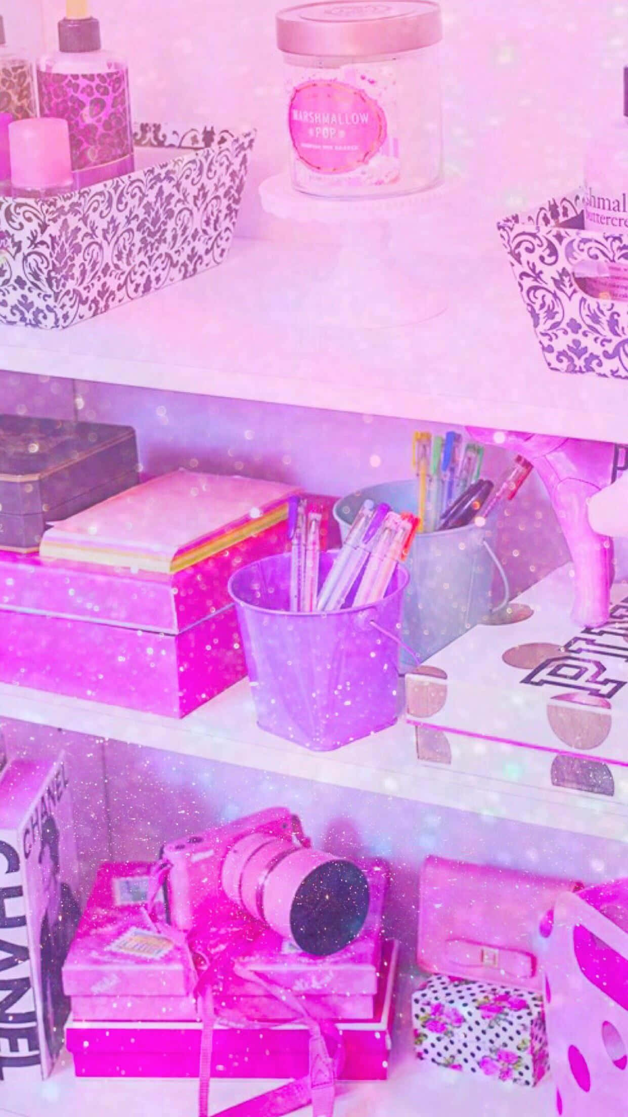 Trendy Aesthetic Pink iPhone, pink glittery, shelves, Full HD Phone Wallpaper