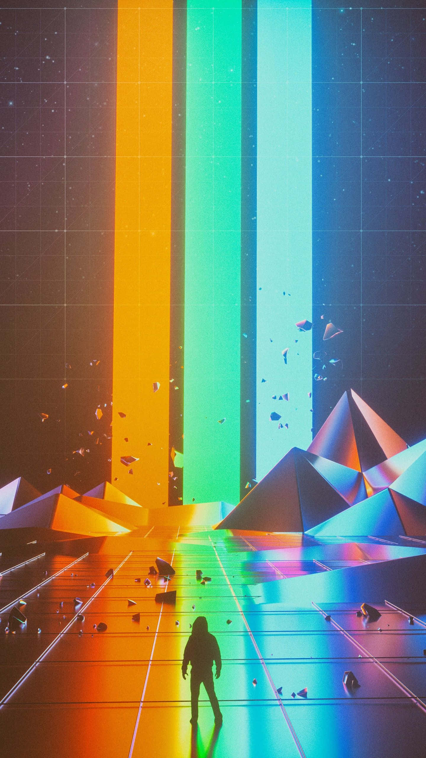 retro iPhone, neon-lit corridor, rainbow beams, 2K Phone Wallpaper