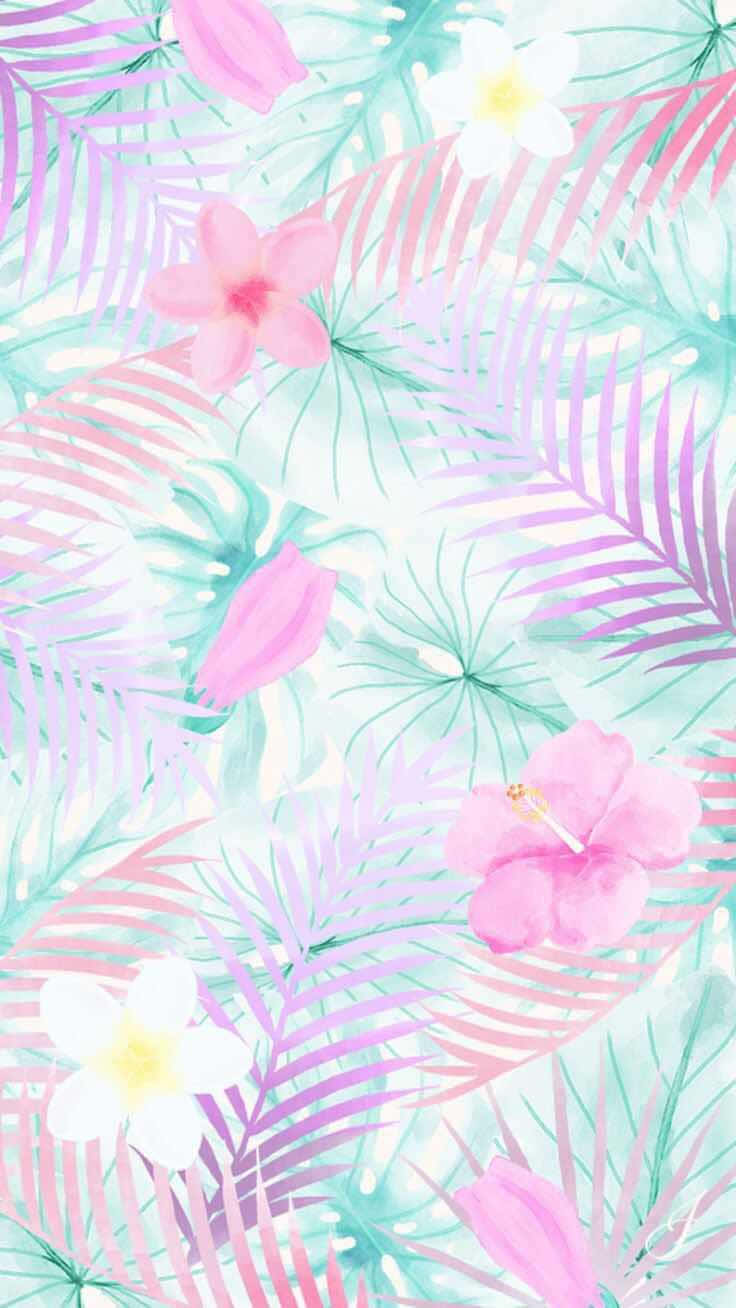 trendy summer iphone, tropical leaves, pink flowers, HD Phone Wallpaper