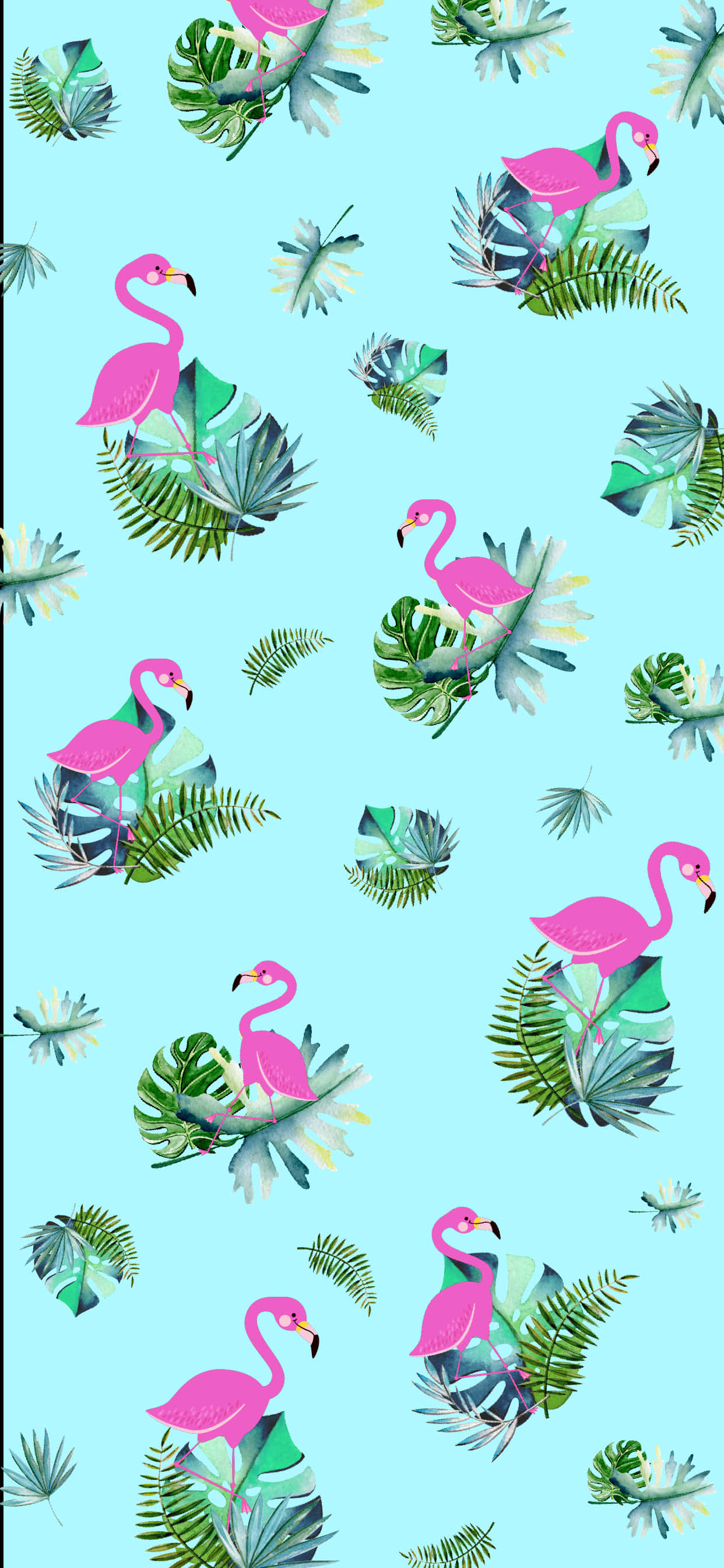 trendy summer iphone, pink flamingos, lush green tropical leaves, 2K Phone Wallpaper