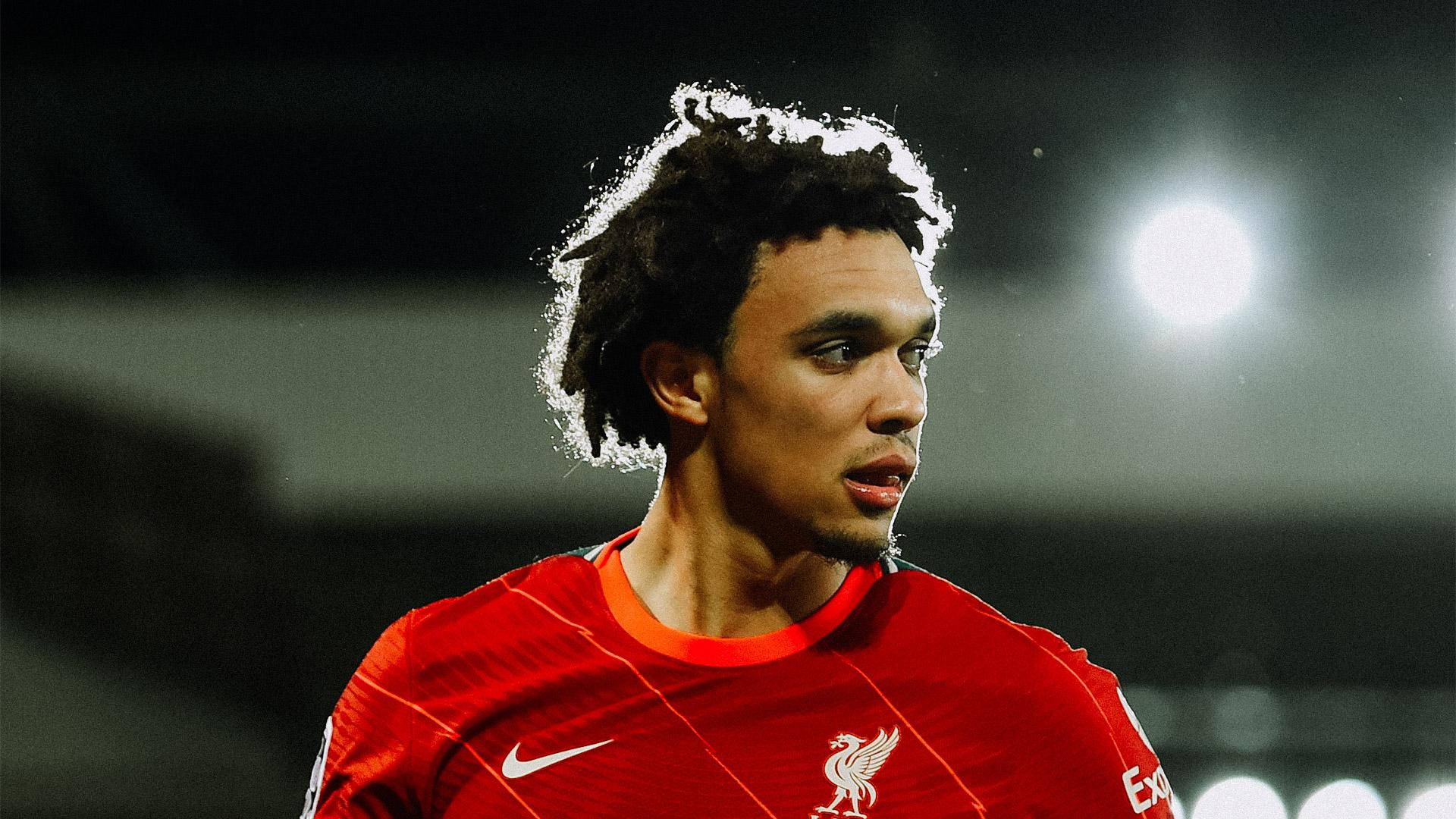 Trent Alexander-Arnold, red Liverpool jersey, stadium lights, Full HD Desktop Wallpaper