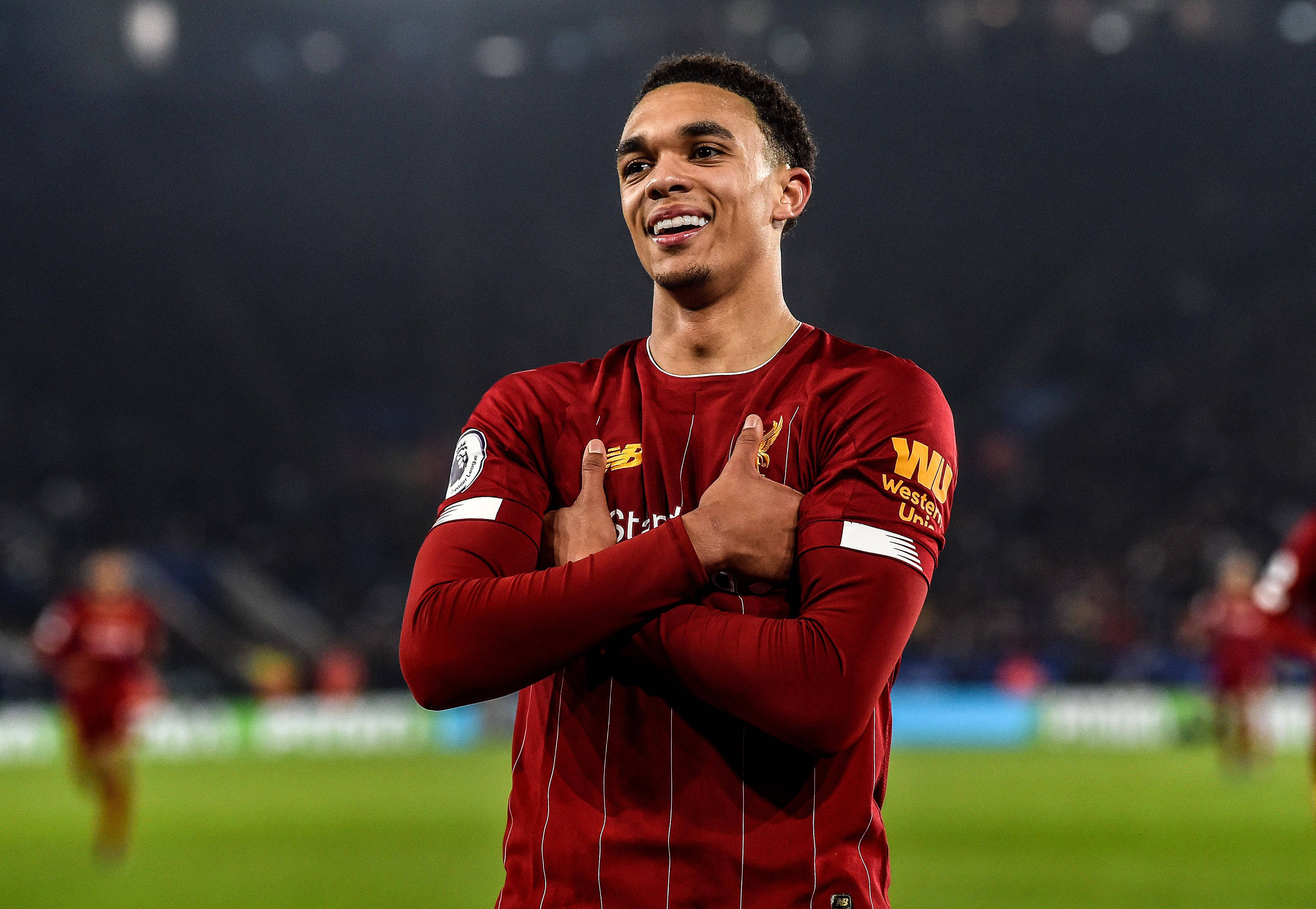 Trent Alexander-Arnold, red Liverpool jersey, stadium lights, 4K Desktop Wallpaper