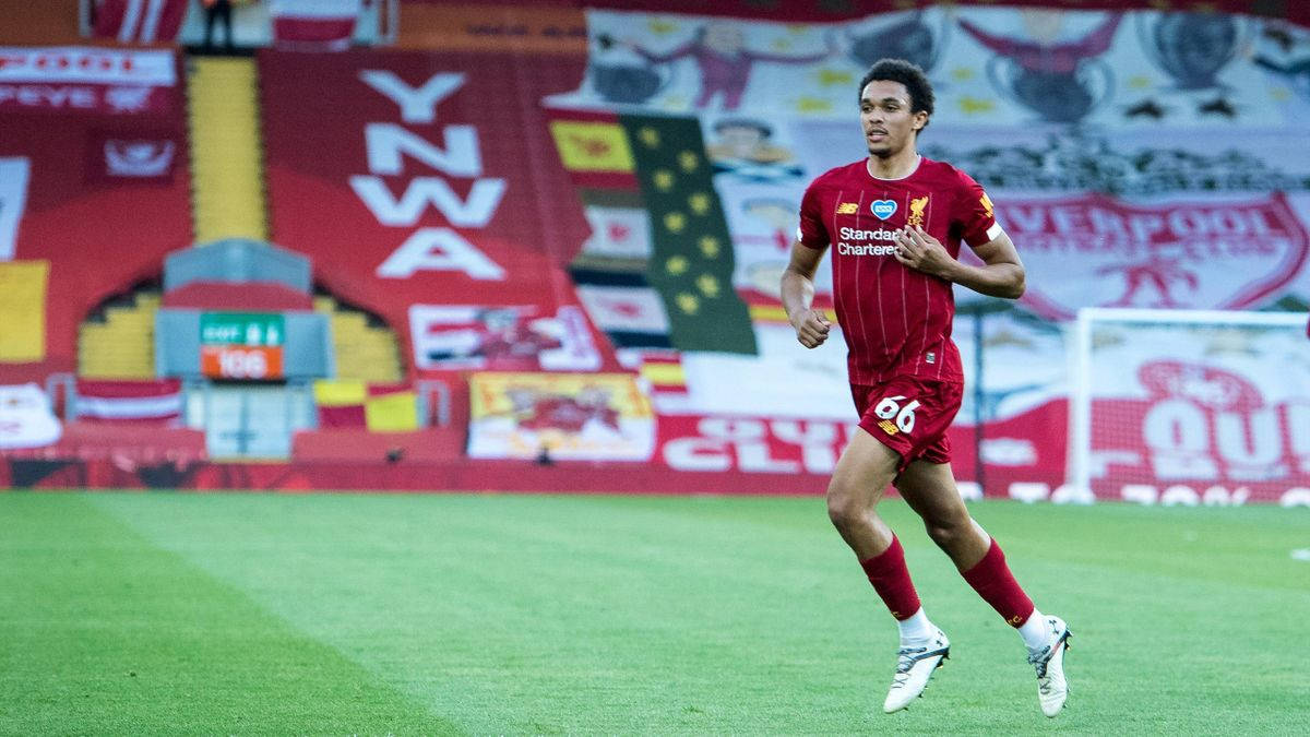 Trent Alexander-Arnold, red kit, vibrant green pitch, SD Desktop Wallpaper
