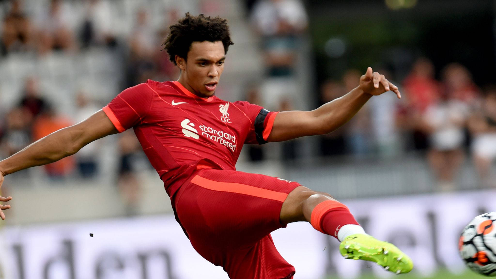 Trent Alexander-Arnold, yellow boot, red Liverpool kit, Full HD Desktop Wallpaper