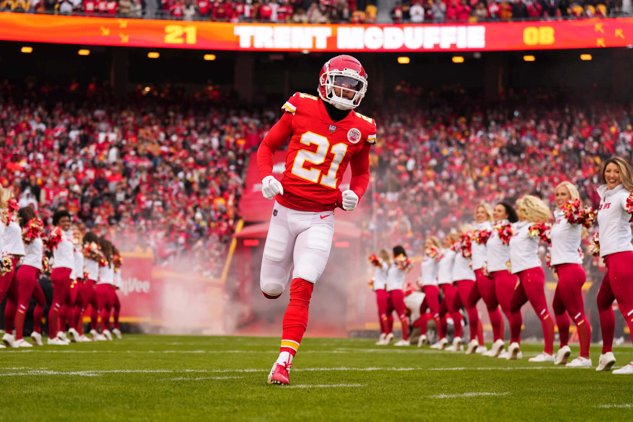 Trent McDuffie, red Kansas City Chiefs jersey number 21, smoke billows, 2K Desktop Wallpaper