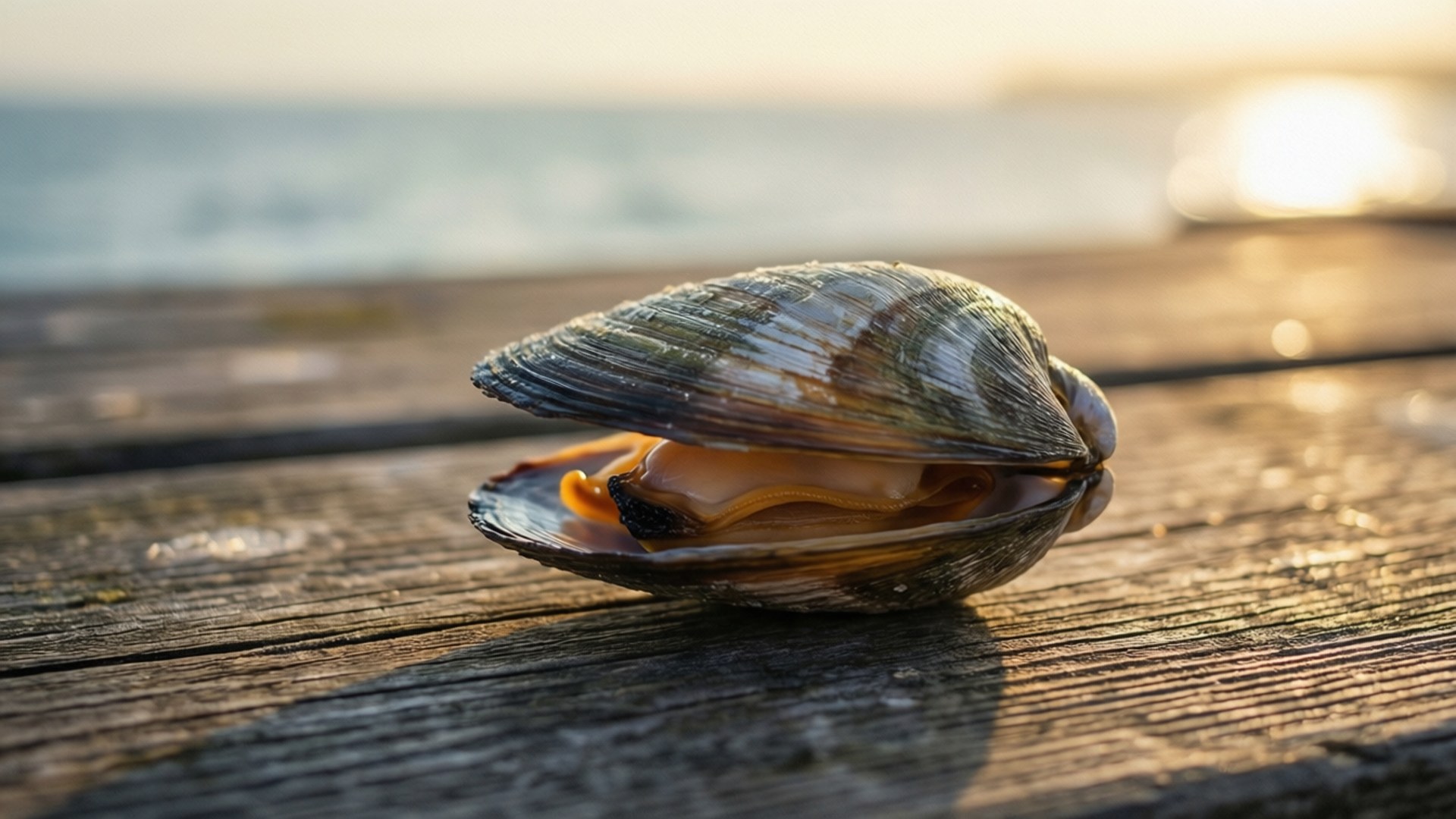 Tresus, mussel shell, wooden dock, Full HD Desktop Wallpaper
