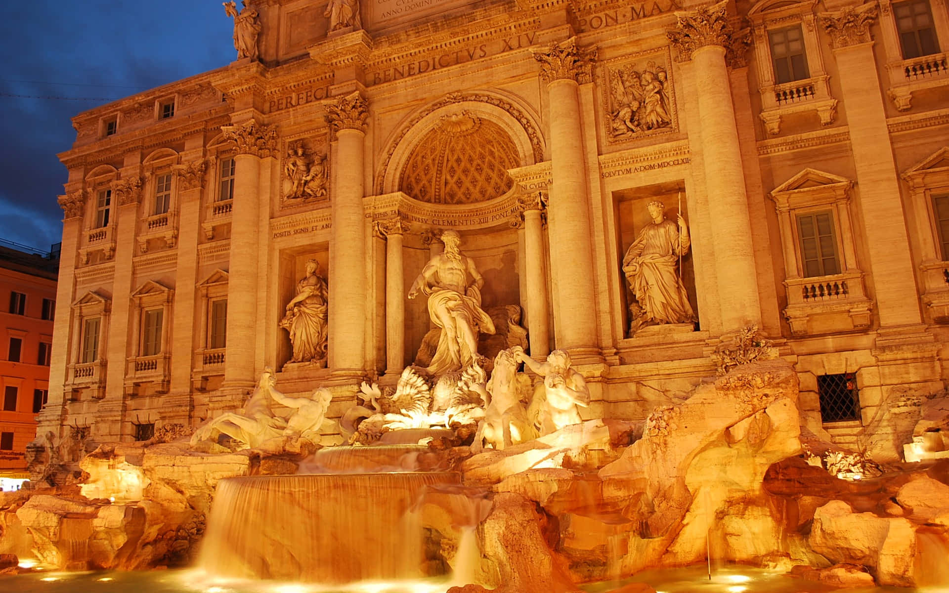 Trevi Fountain, glowing gold spotlight, dusk, Full HD Desktop Wallpaper