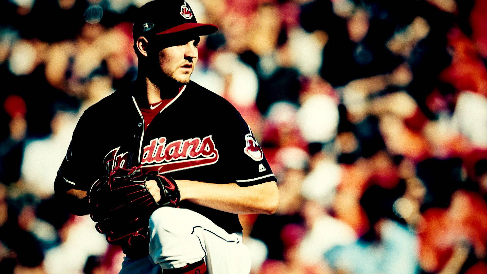 Trevor Bauer, black Indians uniform, glove on knee, Full HD Desktop Wallpaper