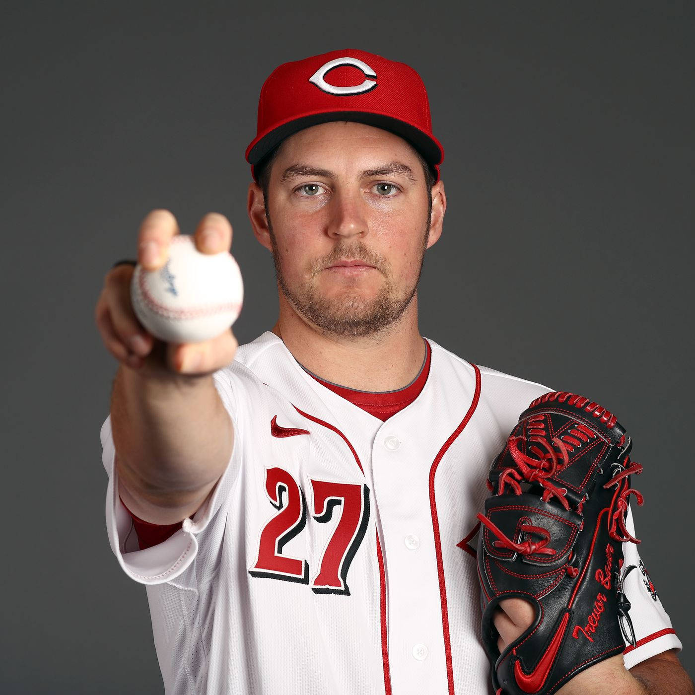 Trevor Bauer, red and white uniform, baseball, HD Desktop Wallpaper