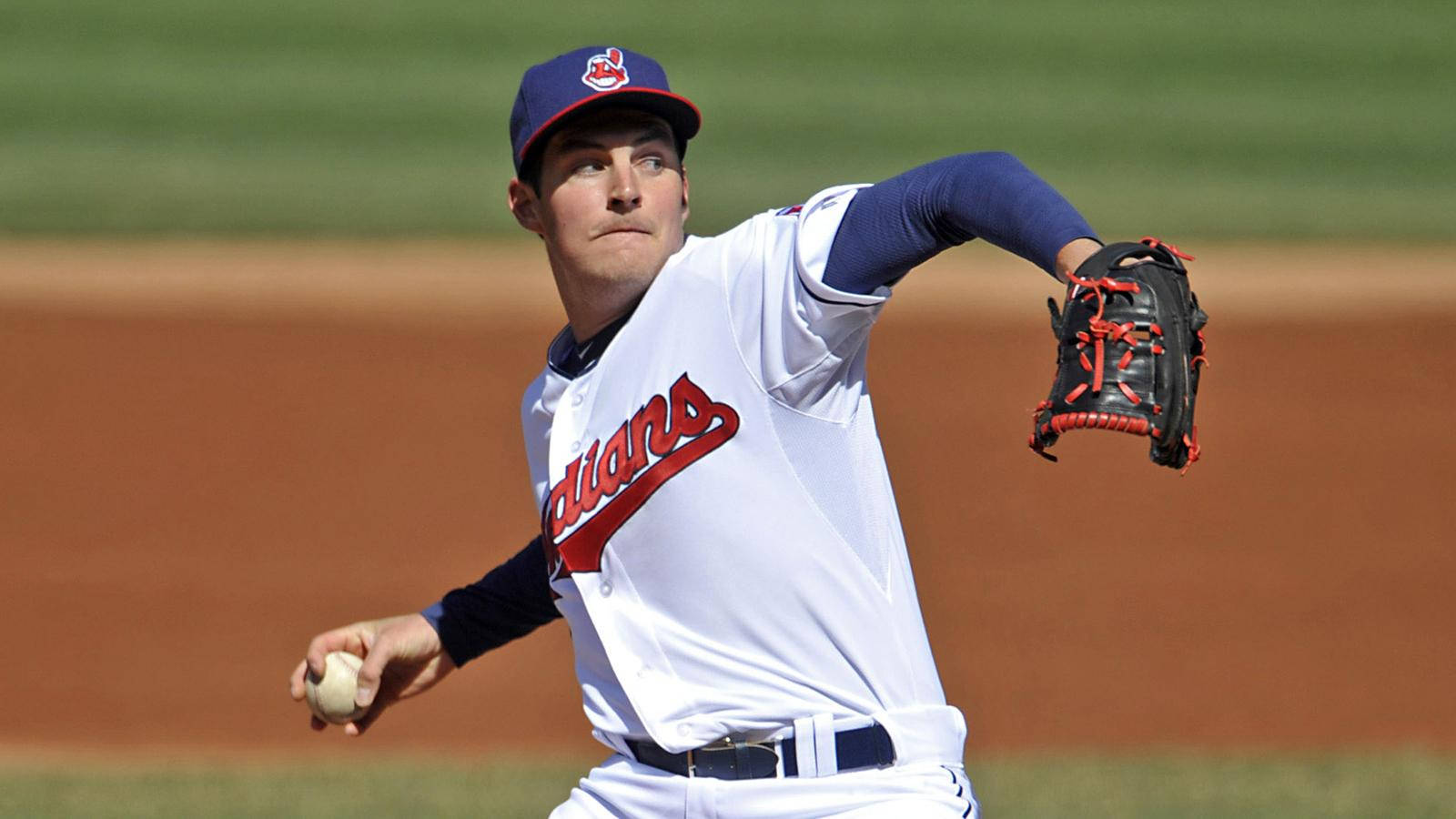 Trevor Bauer, white Indians uniform, mid-throw, HD Desktop Wallpaper