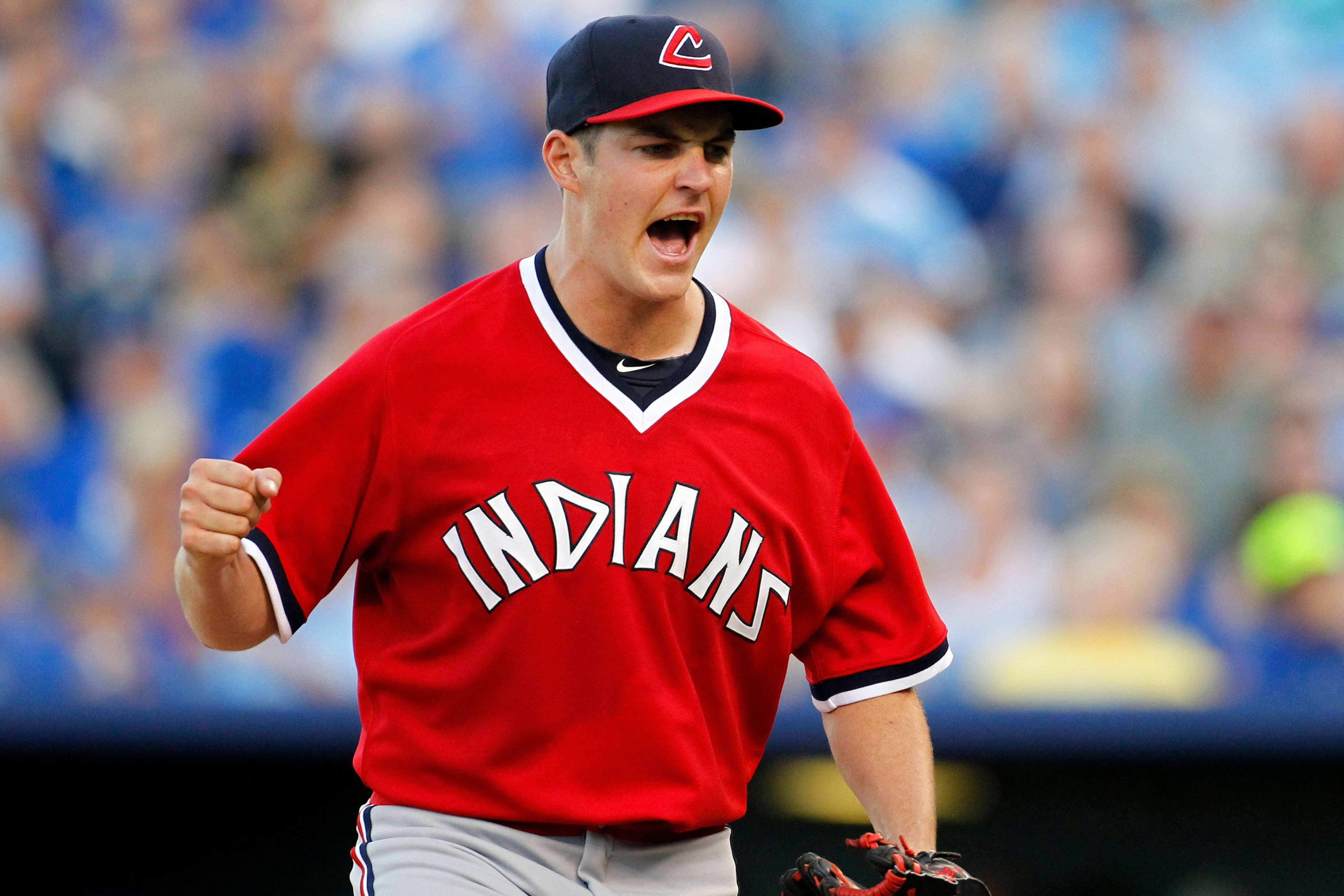 Trevor Bauer, red Cleveland Indians jersey, sunlit field, 4K Desktop Wallpaper