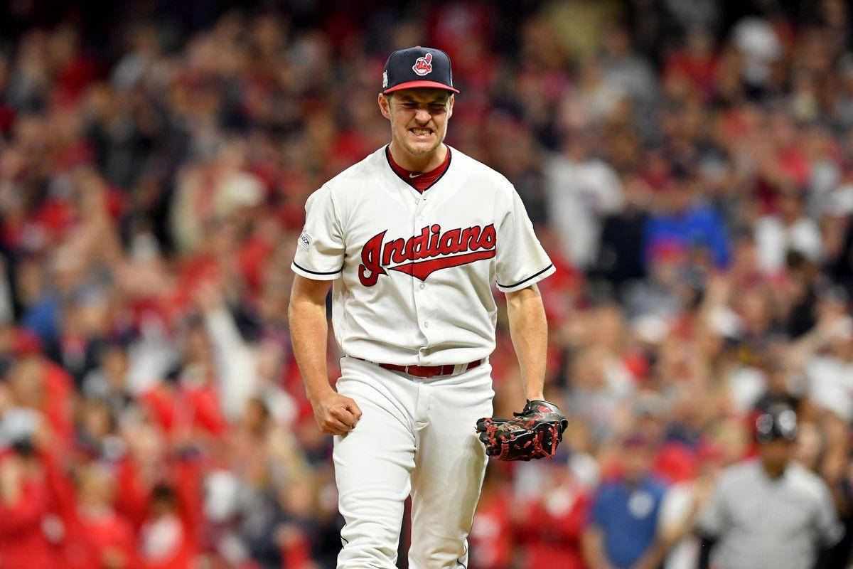 Trevor Bauer, white Indians uniform, stadium lights, SD Desktop Wallpaper