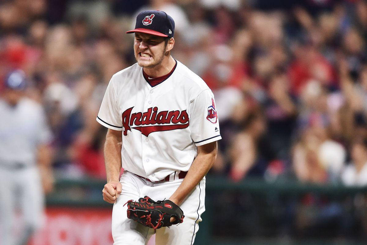 Trevor Bauer, white Indians uniform, gloves, SD Desktop Wallpaper