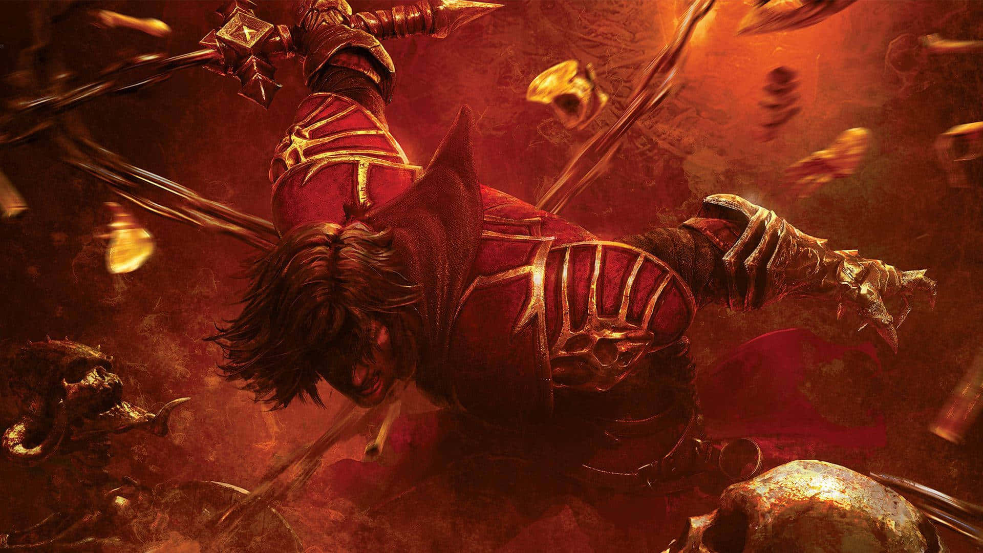 Trevor Belmont, red and gold armor, chaotic battlefield, Full HD Desktop Wallpaper