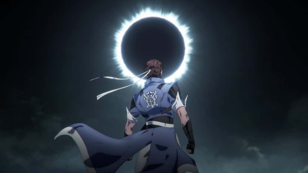 Trevor Belmont, eclipse battle stance, blue-clad anime warrior, SD Desktop Wallpaper