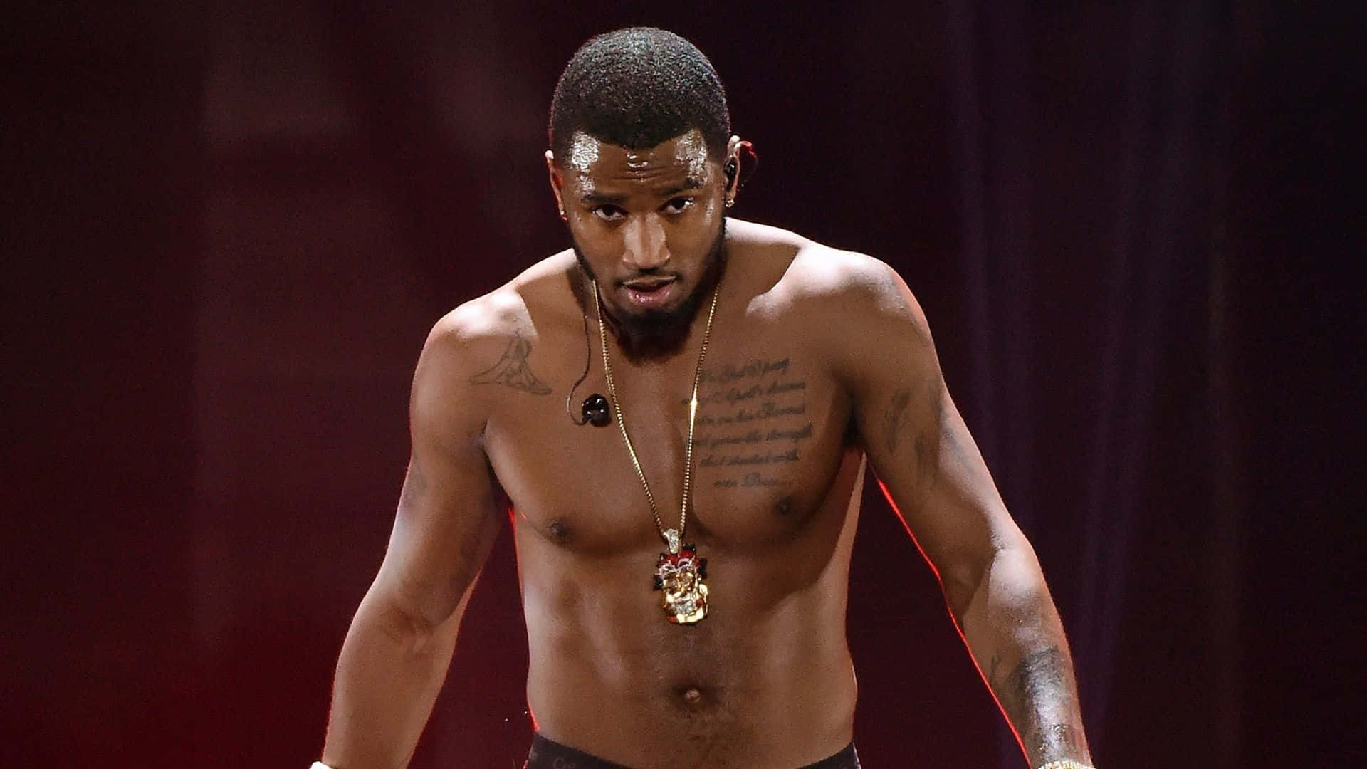 Trey Songz, dark red curtain, shirtless, Full HD Desktop Wallpaper