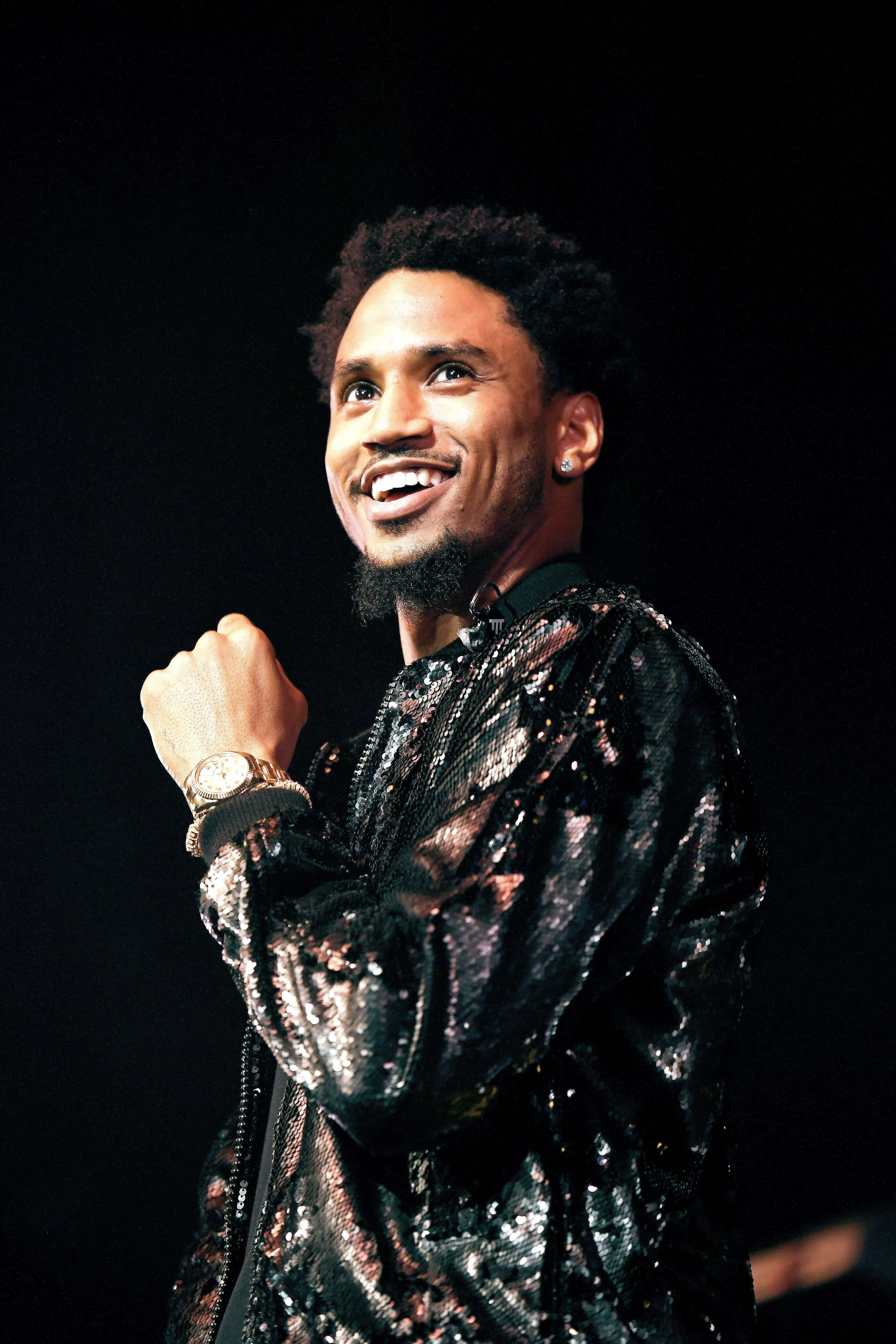 Trey Songz, sparkling black jacket, dark background, 5K Phone Wallpaper