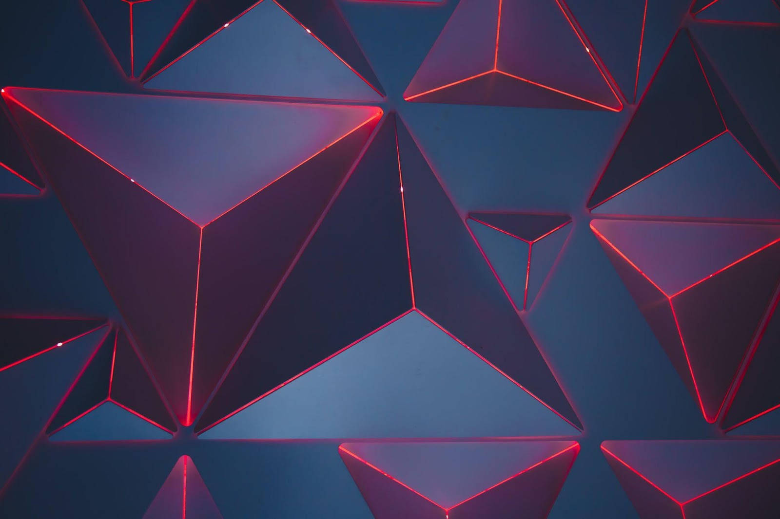 blue triangle pyramids, neon red edges, deep blue textured surface, HD Desktop Wallpaper