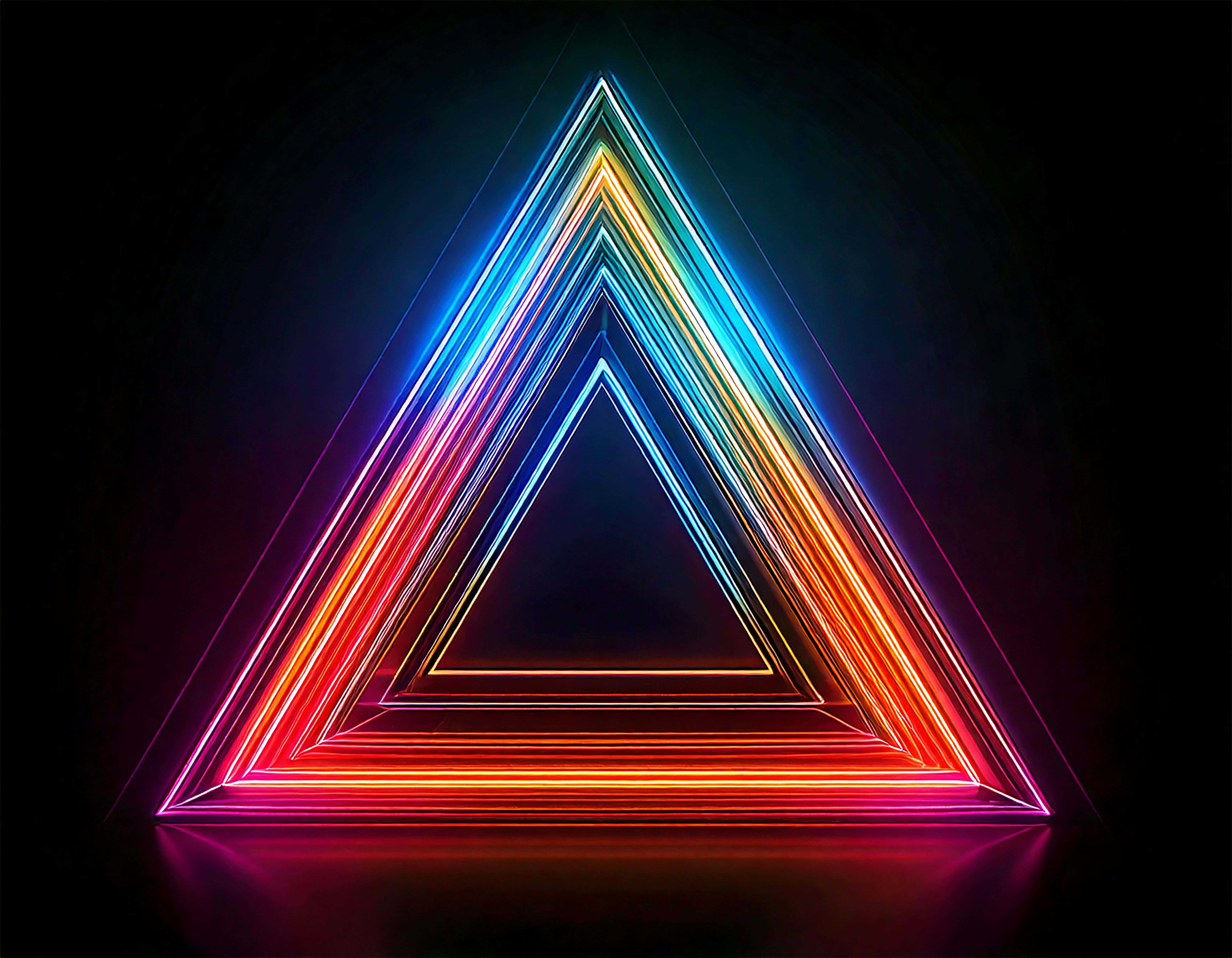 neon triangle, rainbow neon hues, glowing triangles, 5K Desktop Wallpaper