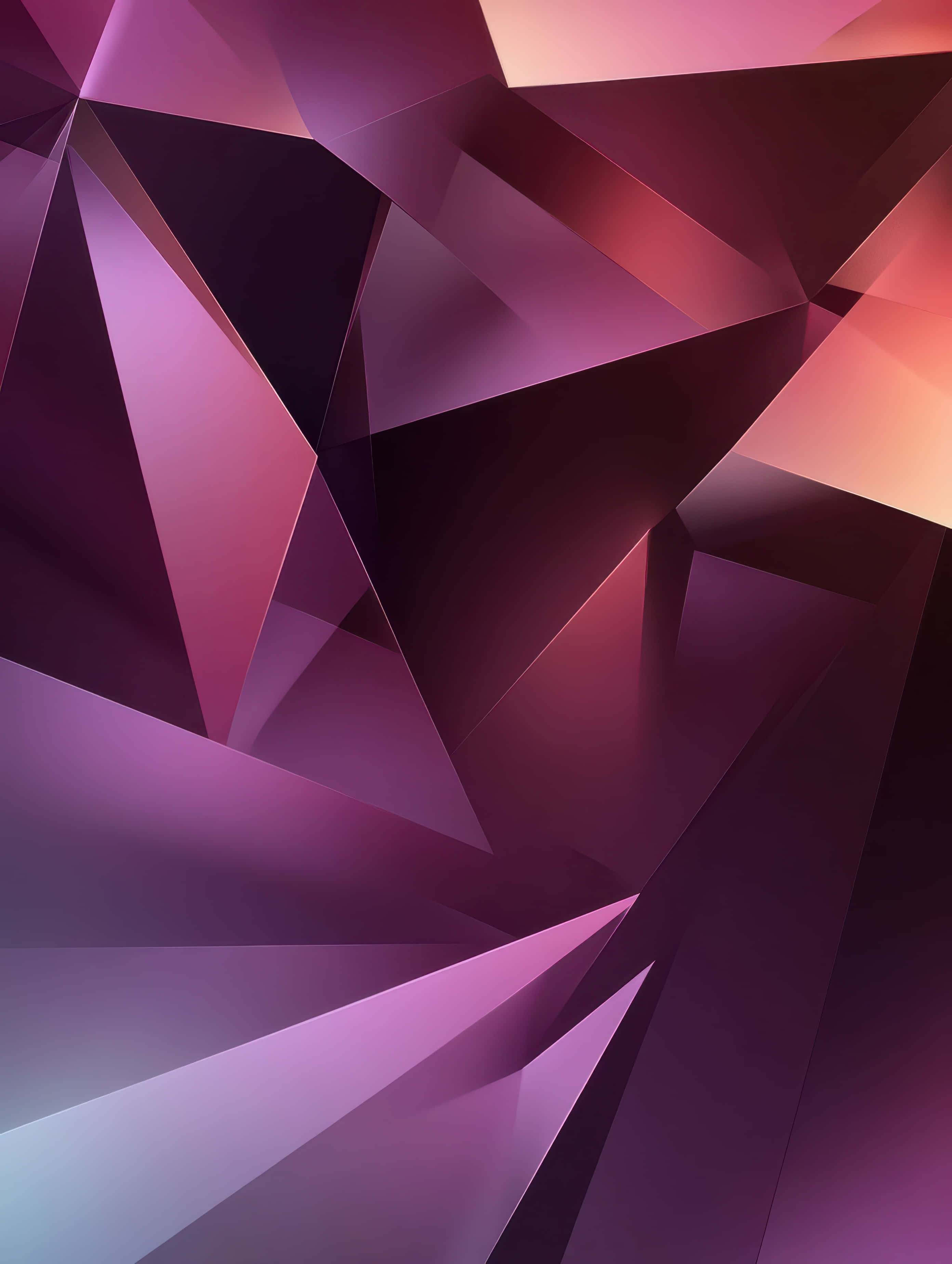 vibrant gradient triangular shapes, sharp triangular facets, gradient purple pink and orange hues, 2K Phone Wallpaper