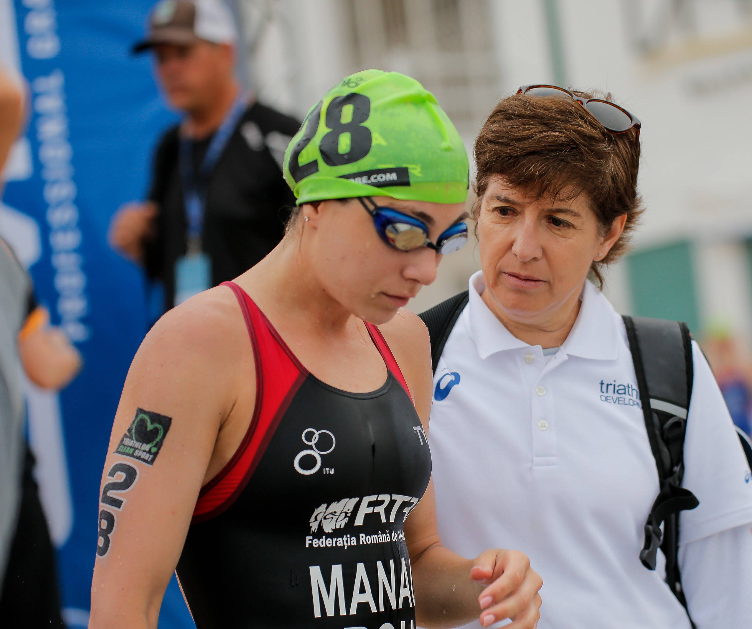 female triathlete, bright green cap, black swimsuit, Full HD Desktop Wallpaper