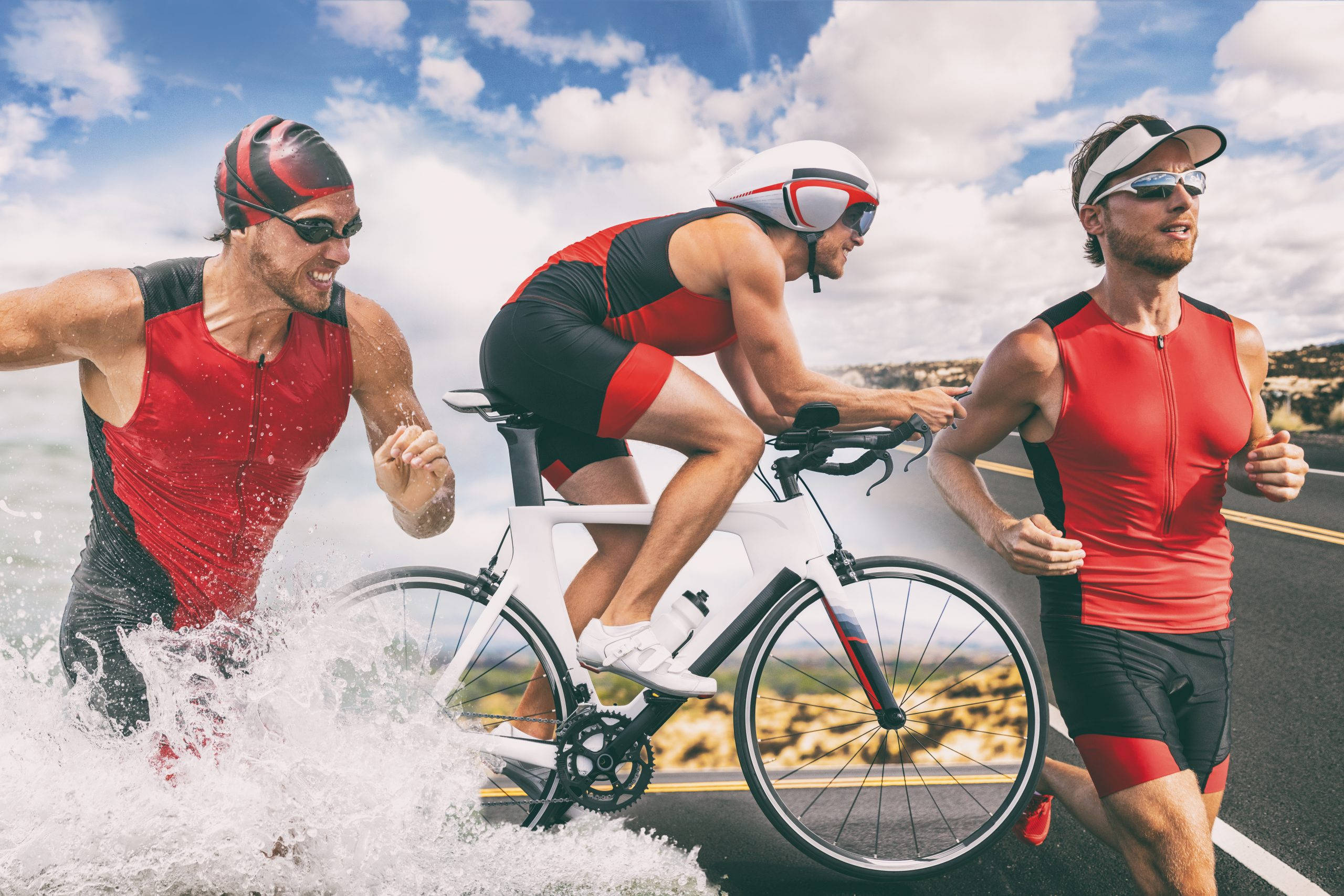Triathlon, red gear, swimming to cycling to running, 2K Desktop Wallpaper