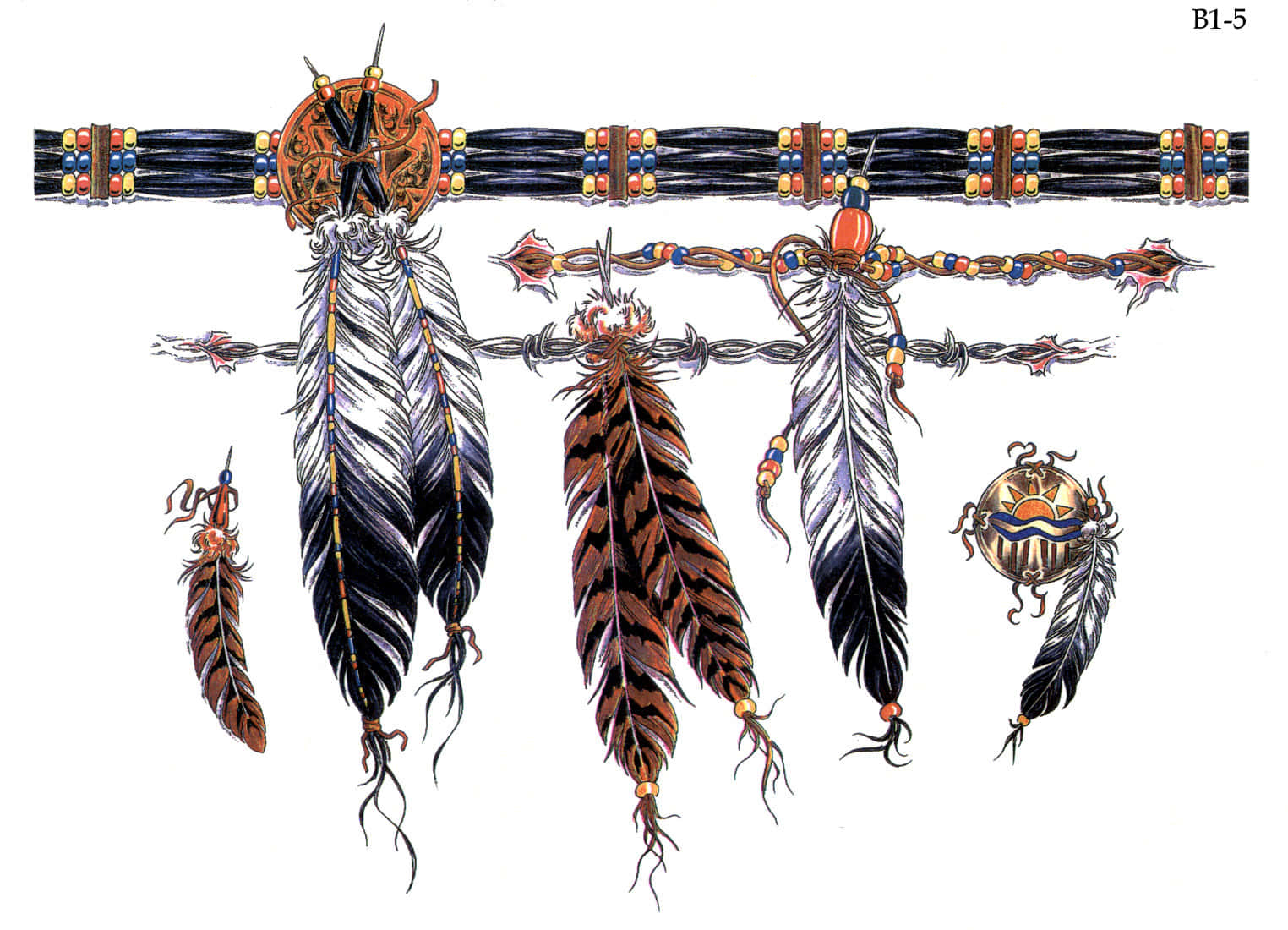 Native American-style feathered headdresses, beaded bands, decorative sun motifs, HD Desktop Wallpaper