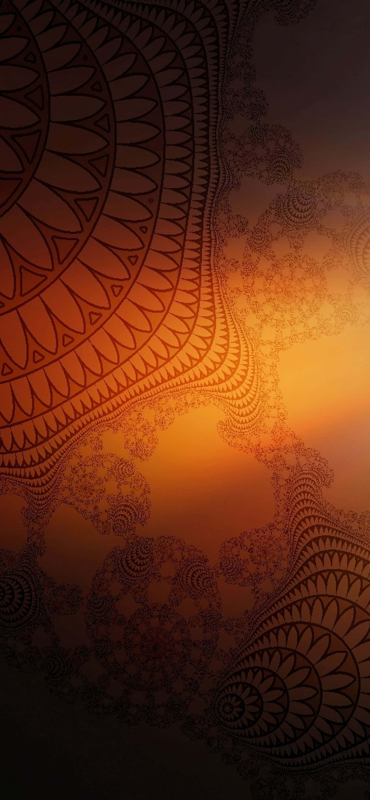 bronze tribal pattern, vibrant orange gradient, intricate black mandala patterns, 2K Phone Wallpaper