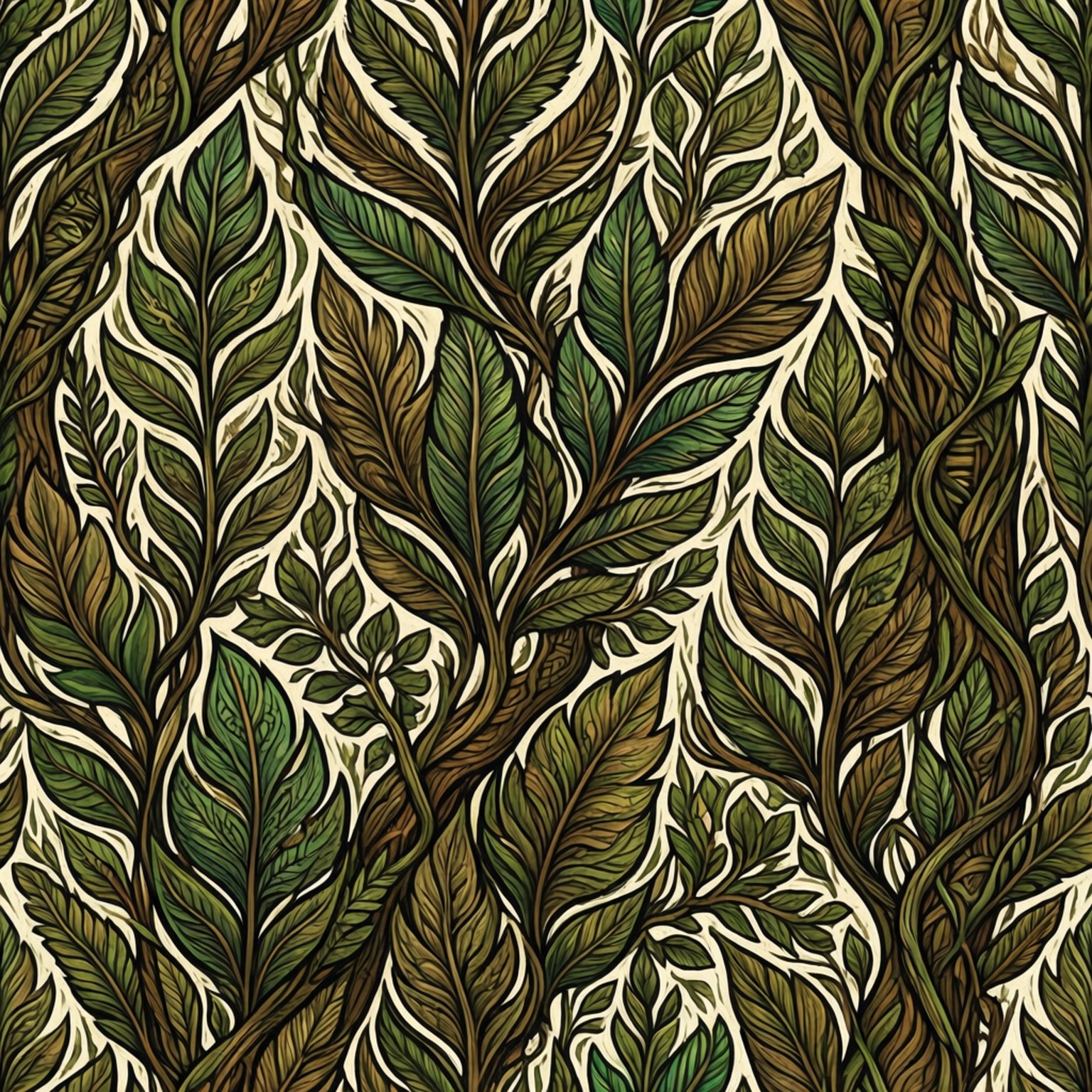 Forest Tribal, stylized fern leaves, varying shades of green and brown, HD Desktop Wallpaper
