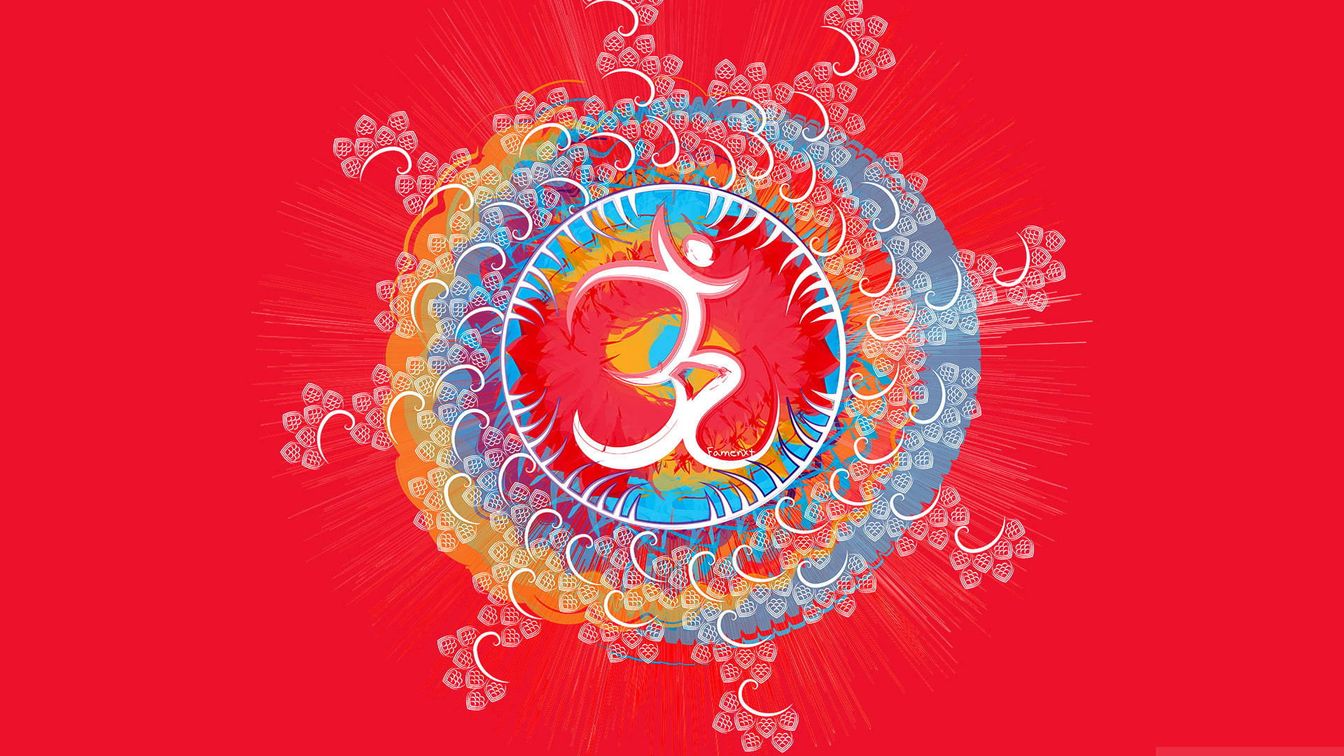 Om Radial Pattern, white Om symbol, colorful concentric patterns, Full HD Desktop Wallpaper