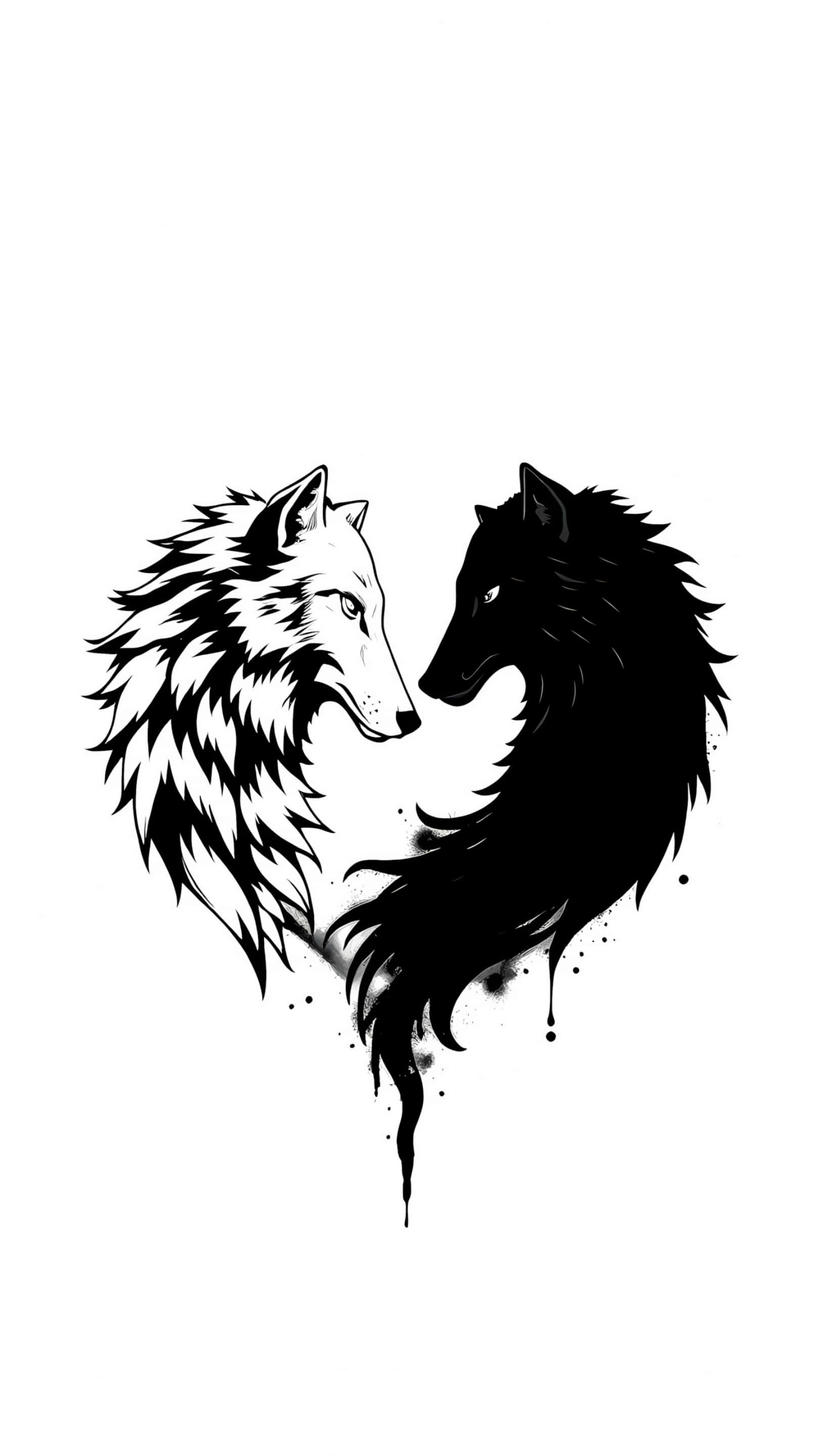 yin yang, wolf heart, minimalist illustration, 2K Phone Wallpaper