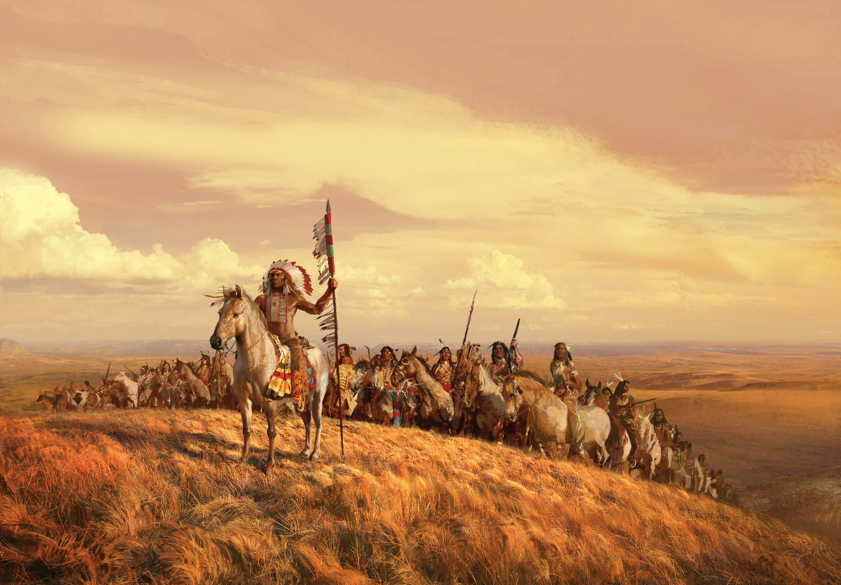 Native American chief, horseback, tribal procession, 2K Desktop Wallpaper