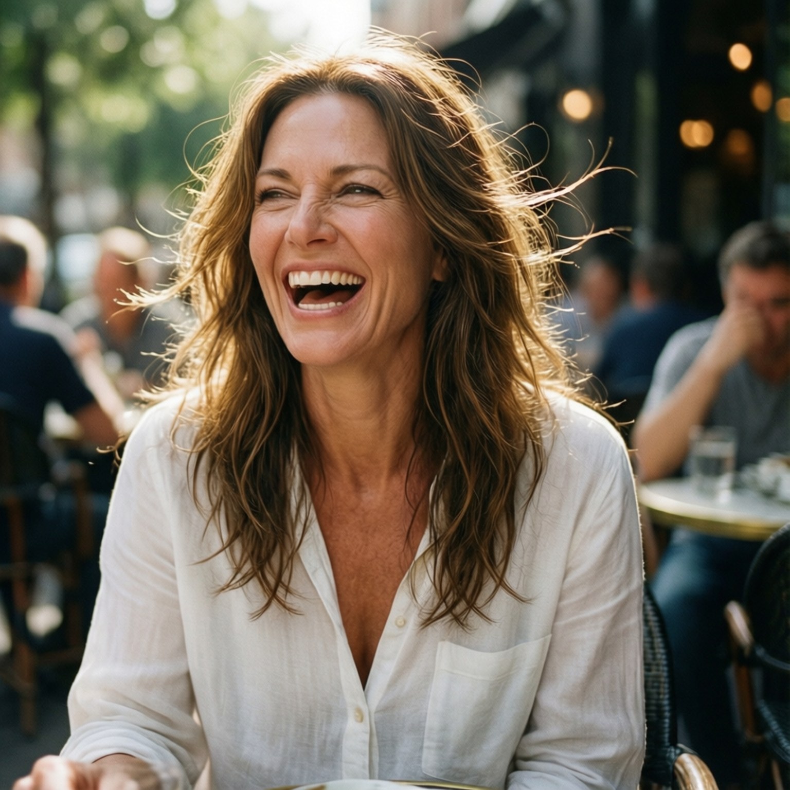 Tricia Helfer, sunlit outdoor cafe, laughing, HD Desktop Wallpaper