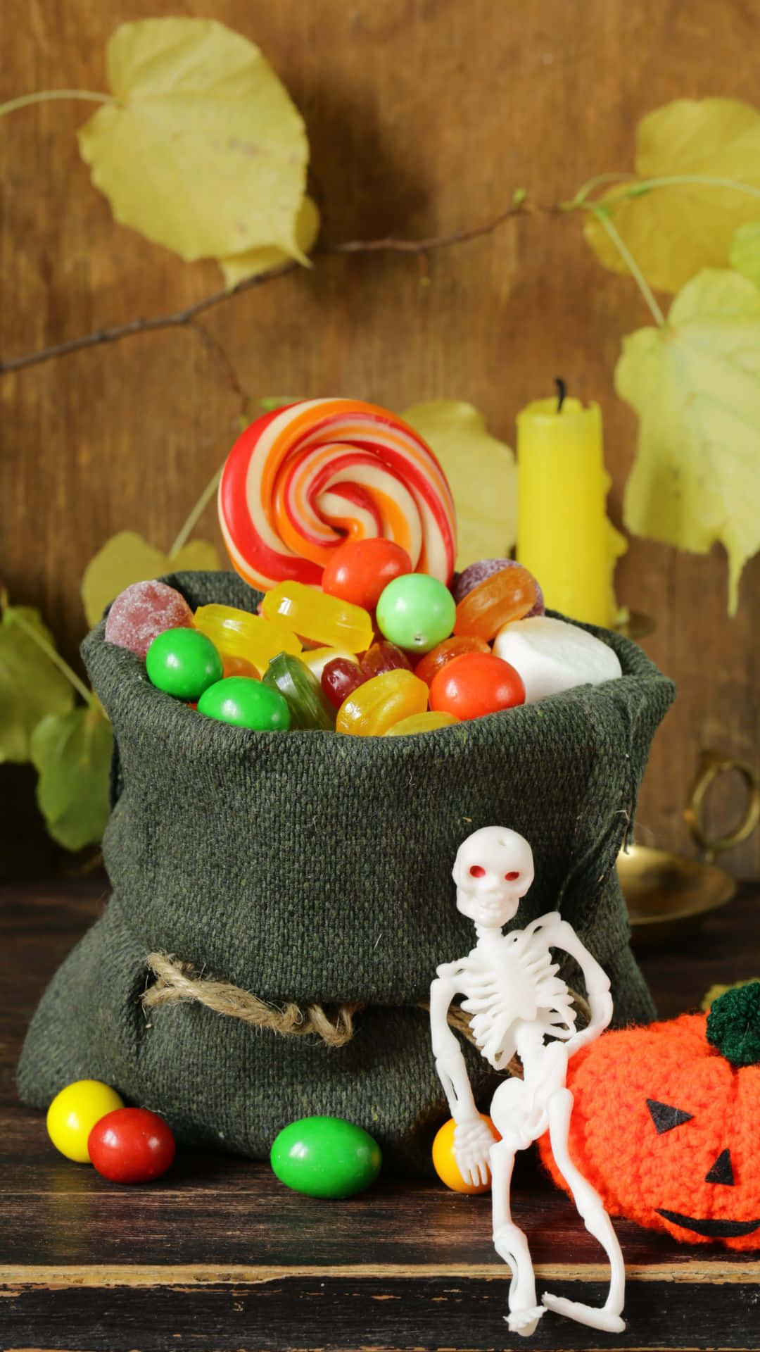 trick or treat bags, dark green sack, colorful candies, Full HD Phone Wallpaper