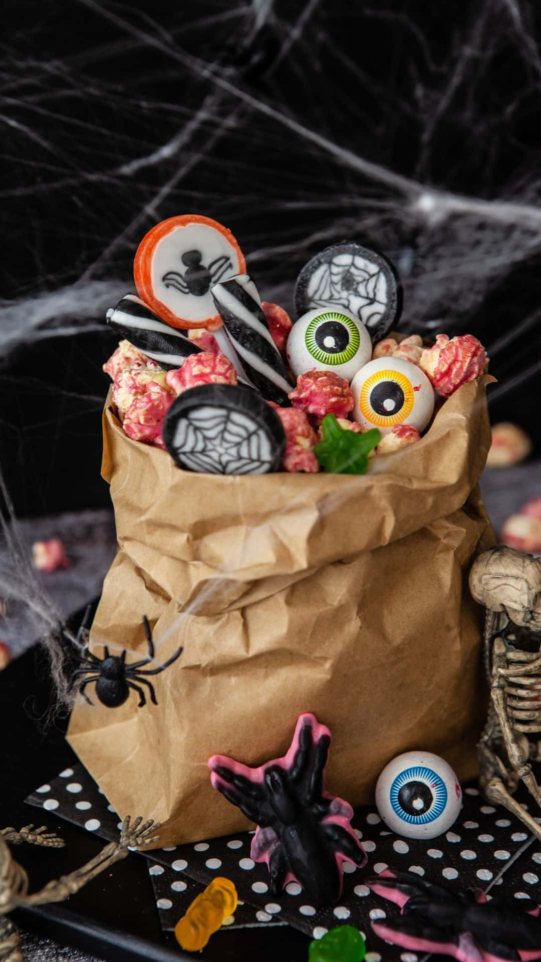 trick or treat bags, Halloween candy, eyeballs, Full HD Phone Wallpaper